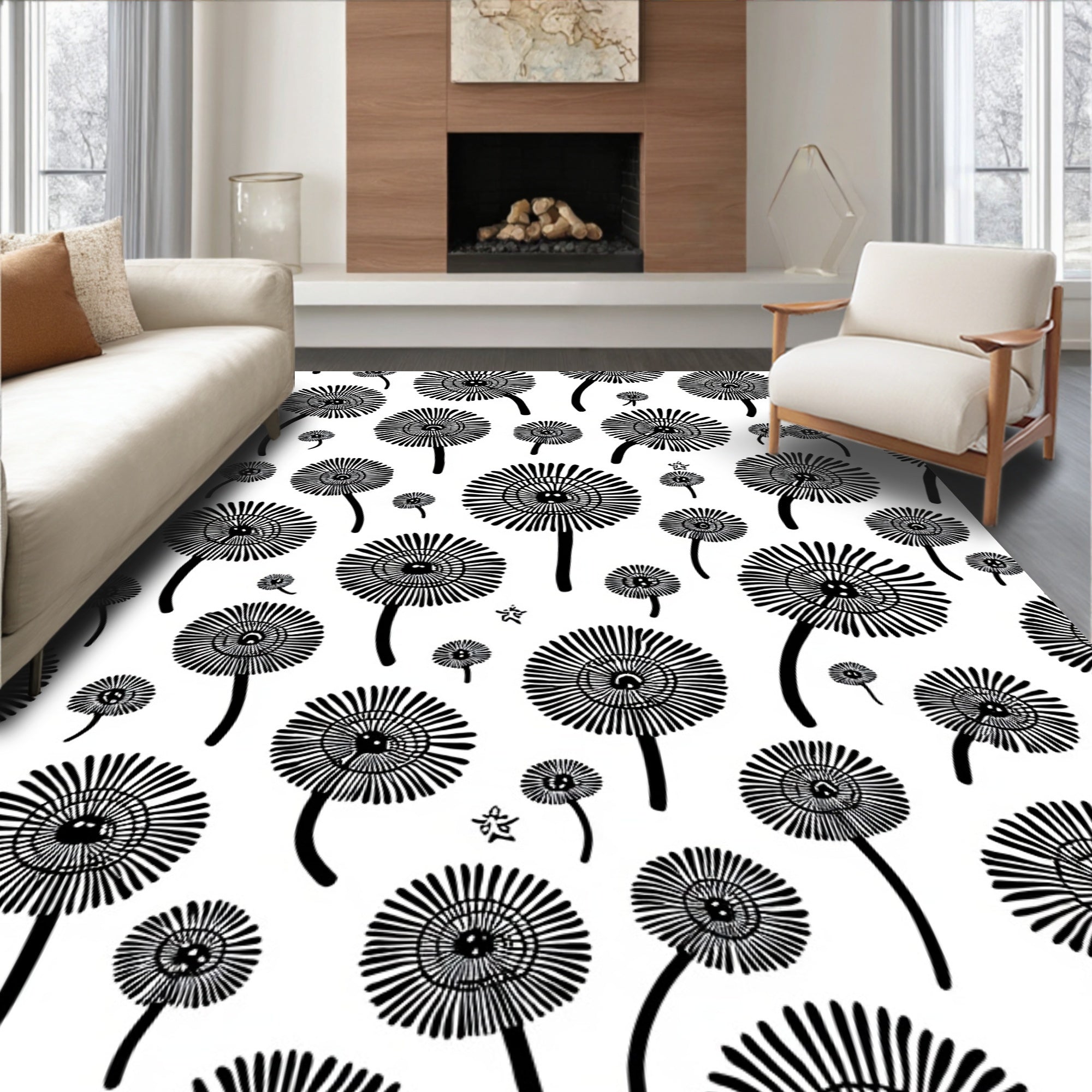 Whimsical Black Floral Dandelion Pattern Rug