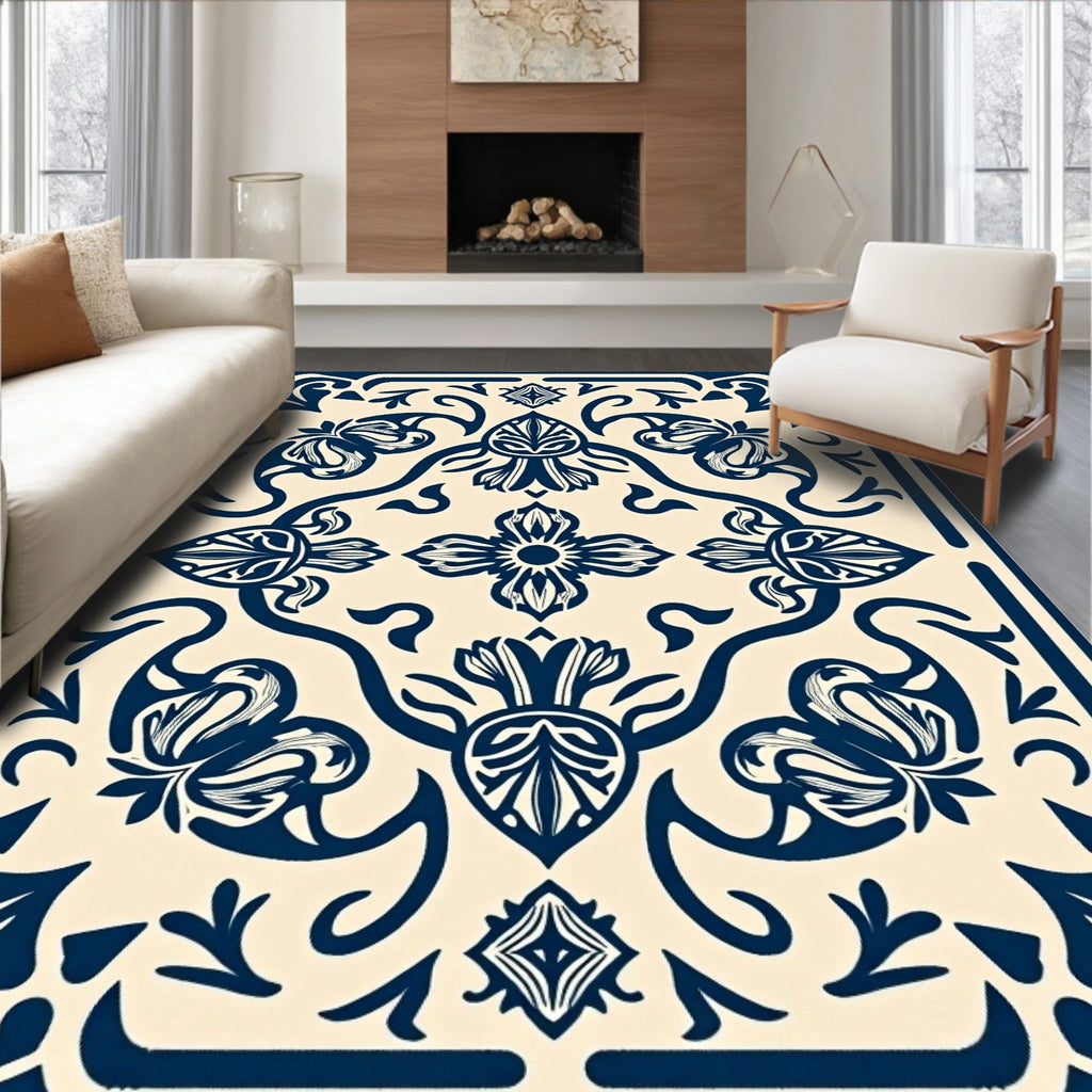 Navy Blue Floral Medallion Tapestry Rug