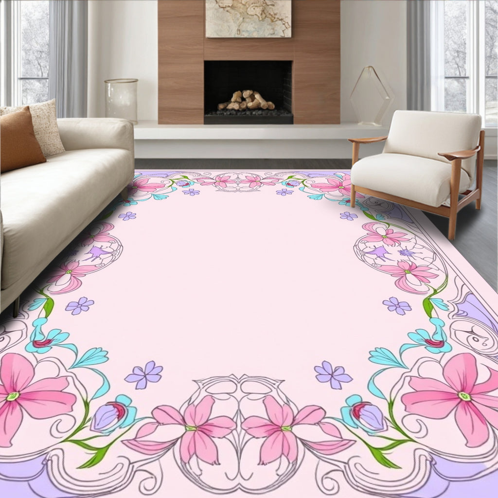 Pink Blue Floral Accent Border Rug