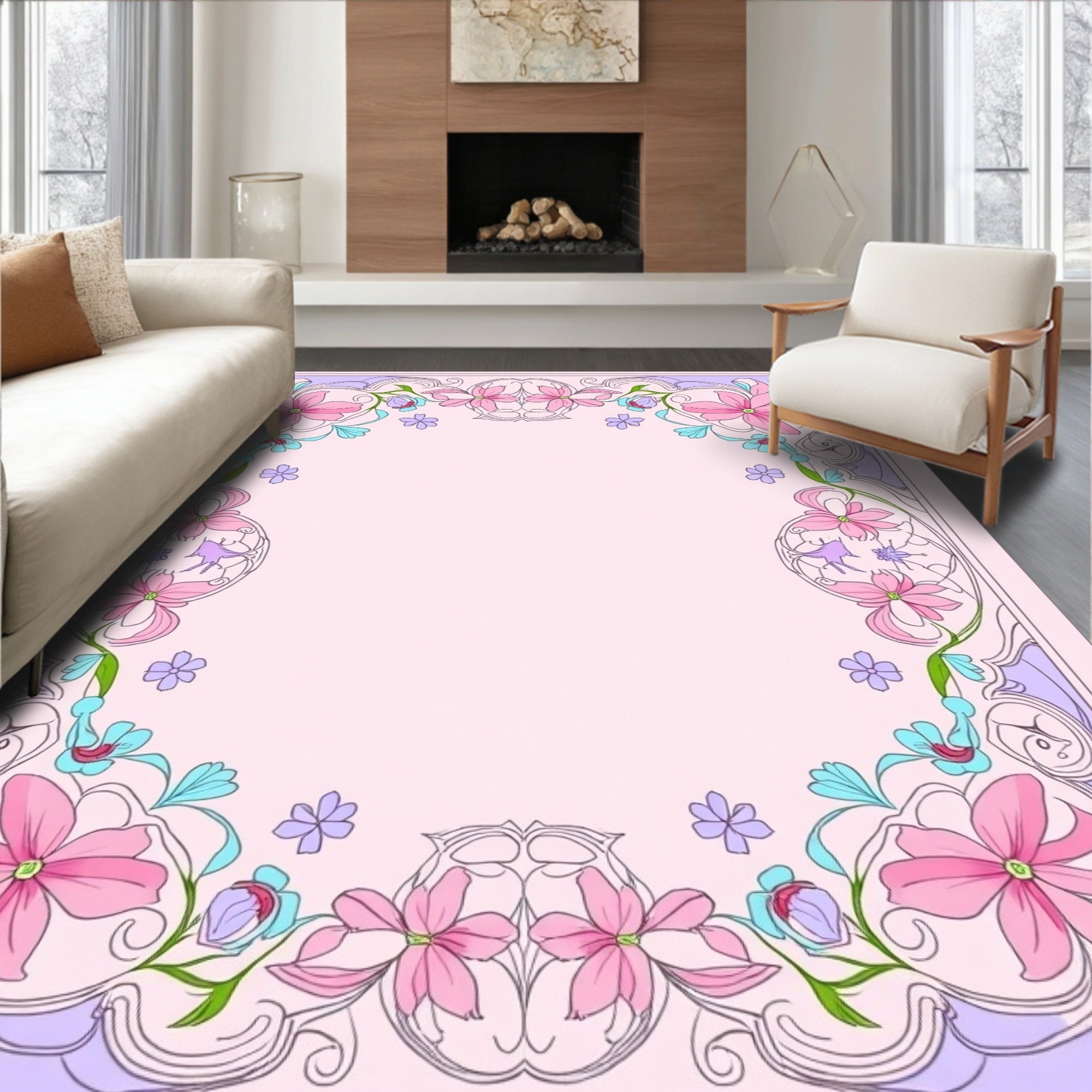 Pink Blue Floral Accent Border Rug