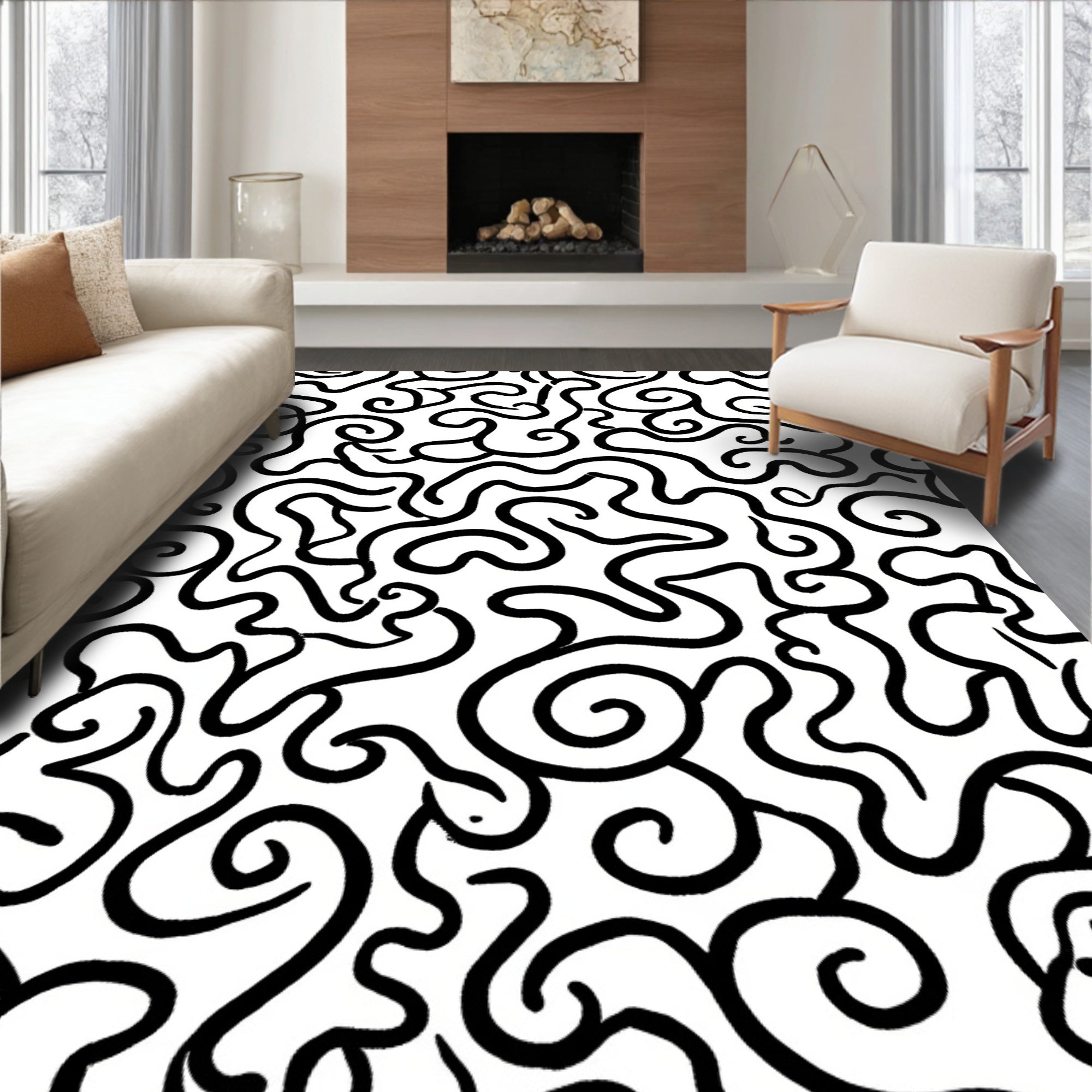 Abstract Black Organic Swirls Rug