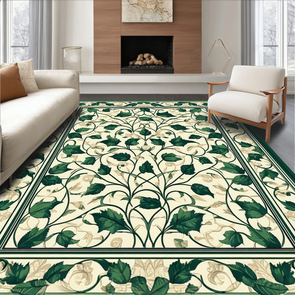 Ornate Green Leaf Botanical Pattern Rug