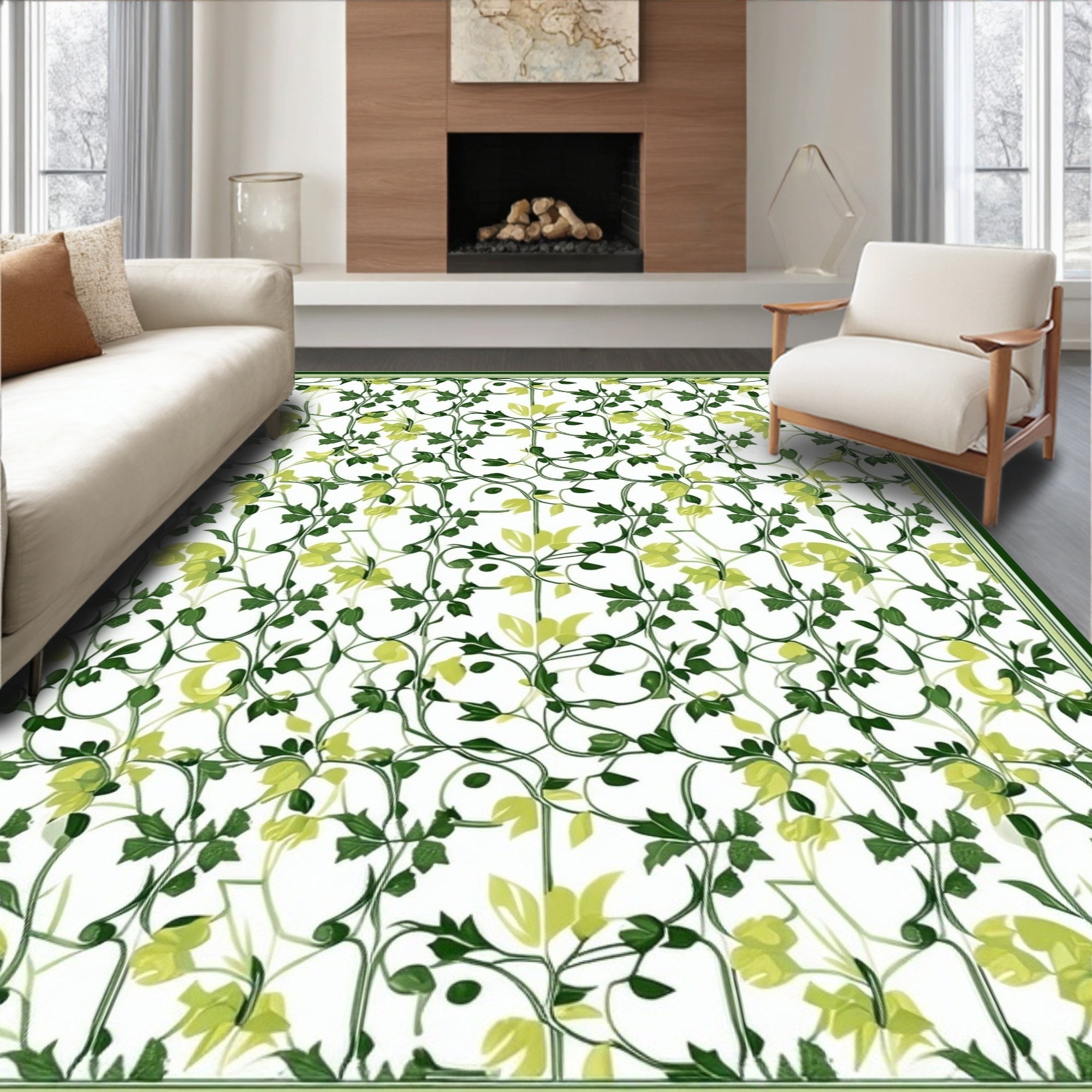 Lush Green Leaf Vine Pattern Rug