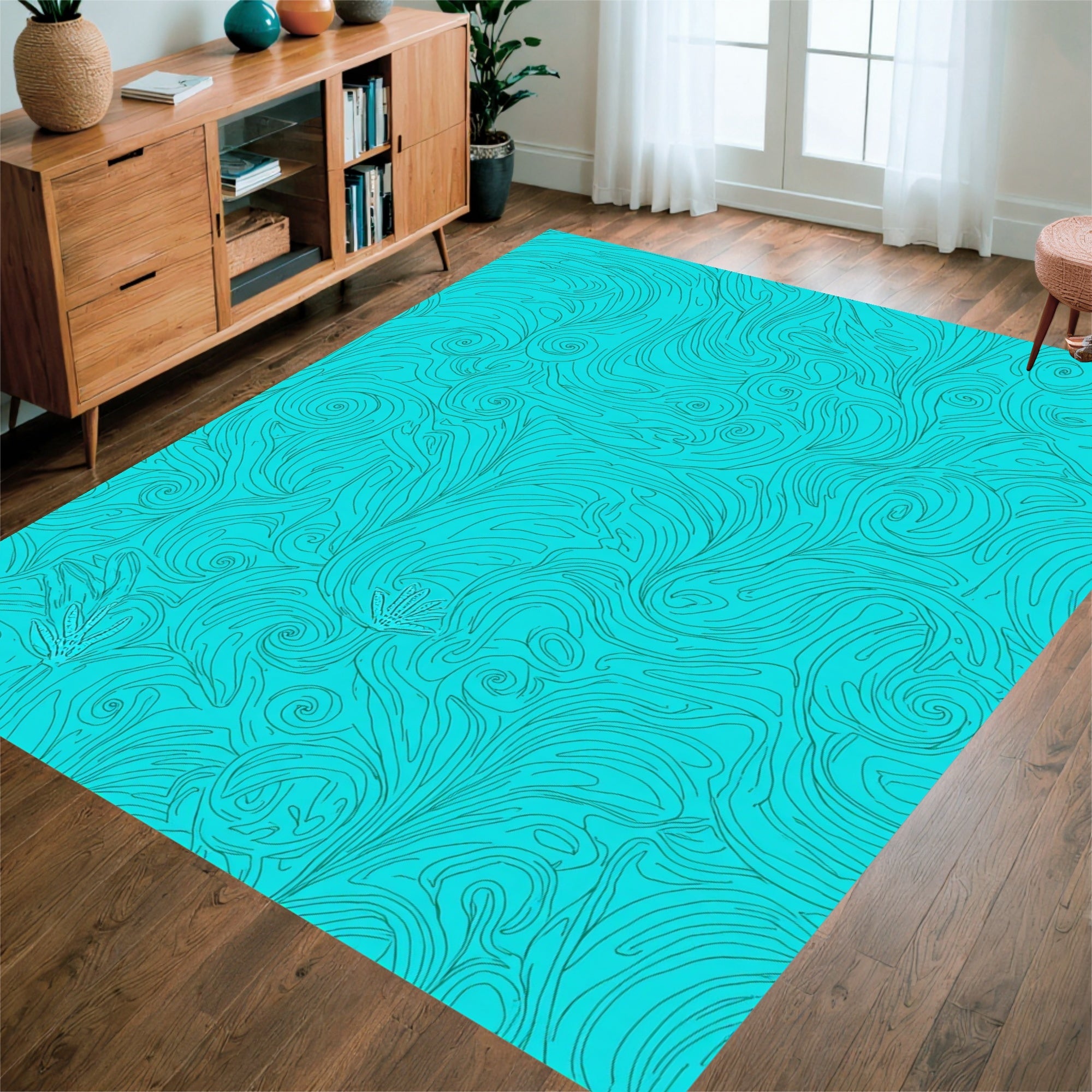 Turquoise Swirling Floral Line Art Rug