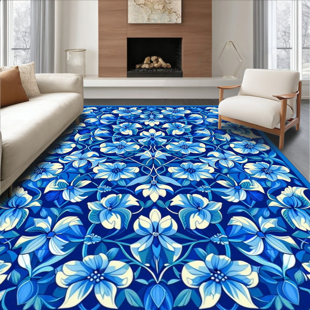 Art Nouveau Blue Floral Symmetry Rug