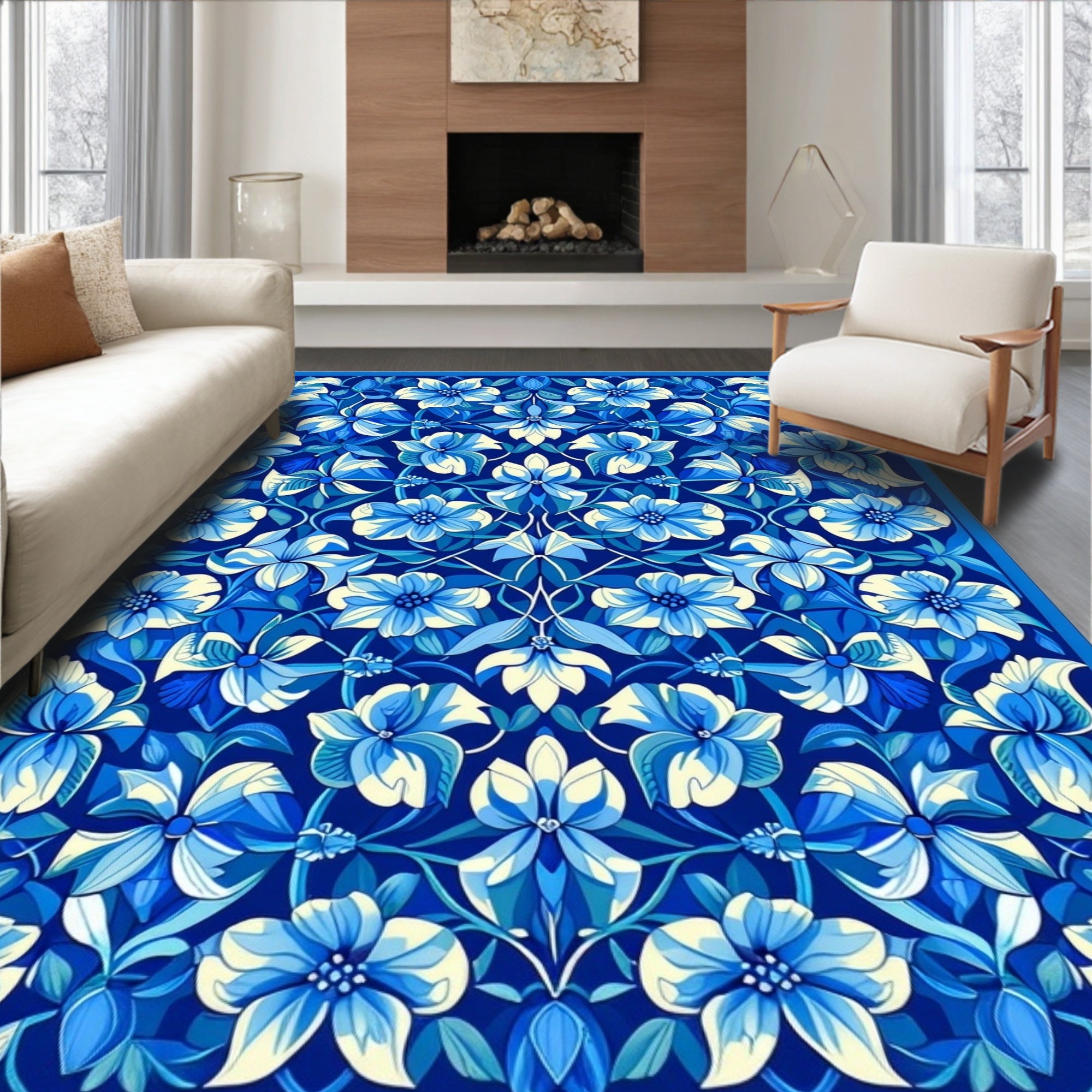 Art Nouveau Blue Floral Symmetry Rug