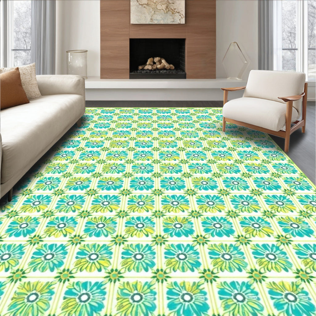 Aqua Yellow Floral Garden Pattern Rug