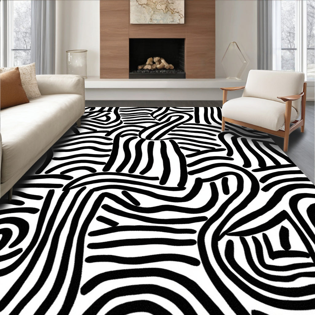 Abstract Black White Wavy Lines Rug