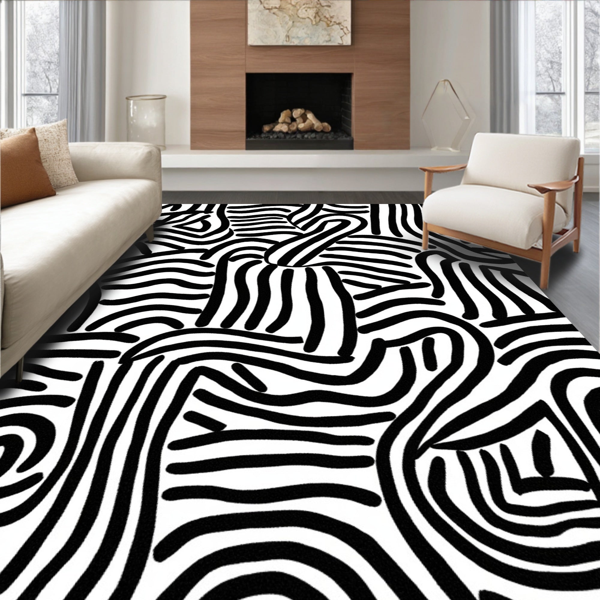 Abstract Black White Wavy Lines Rug