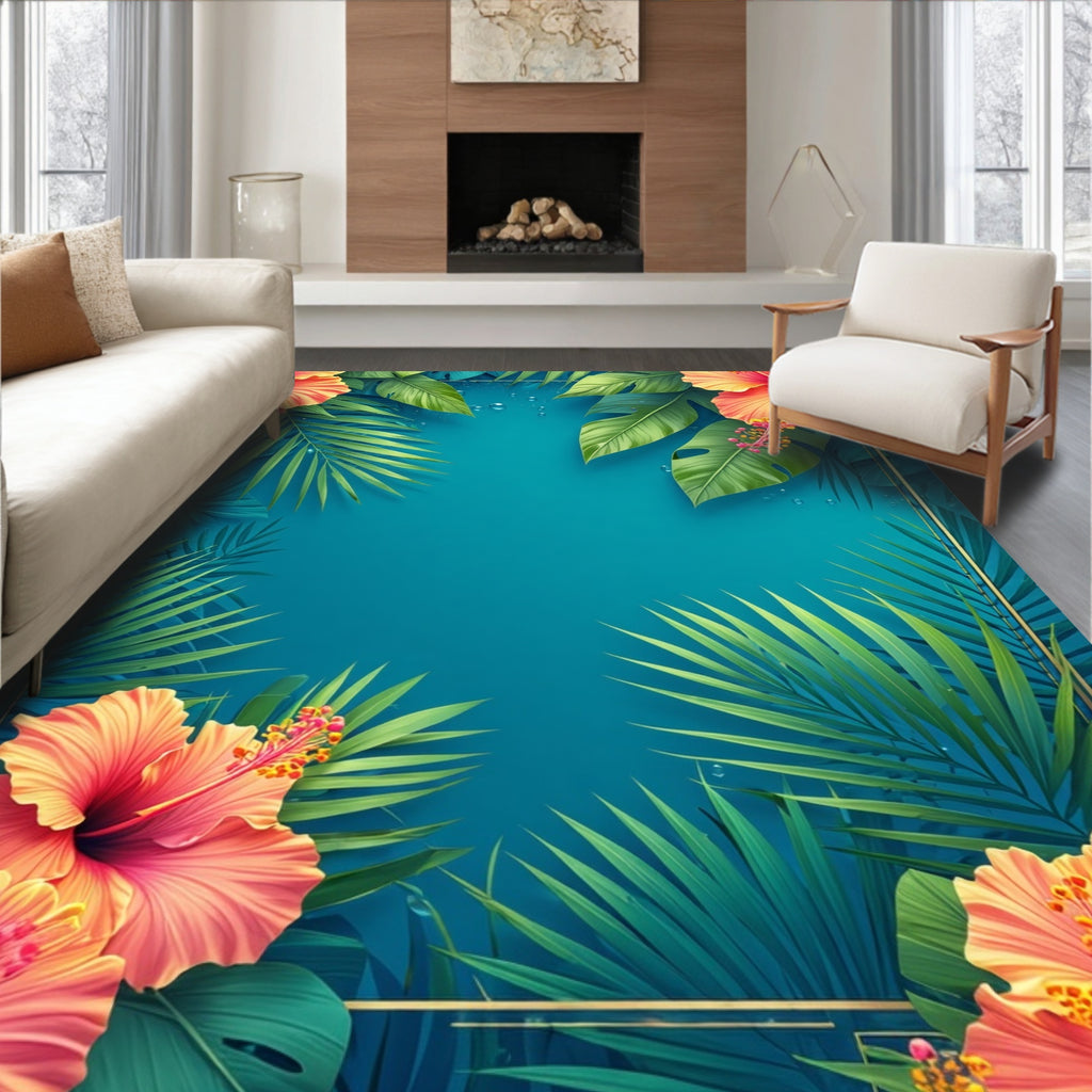 Tropical Hibiscus And Palm Leaf Design Rug