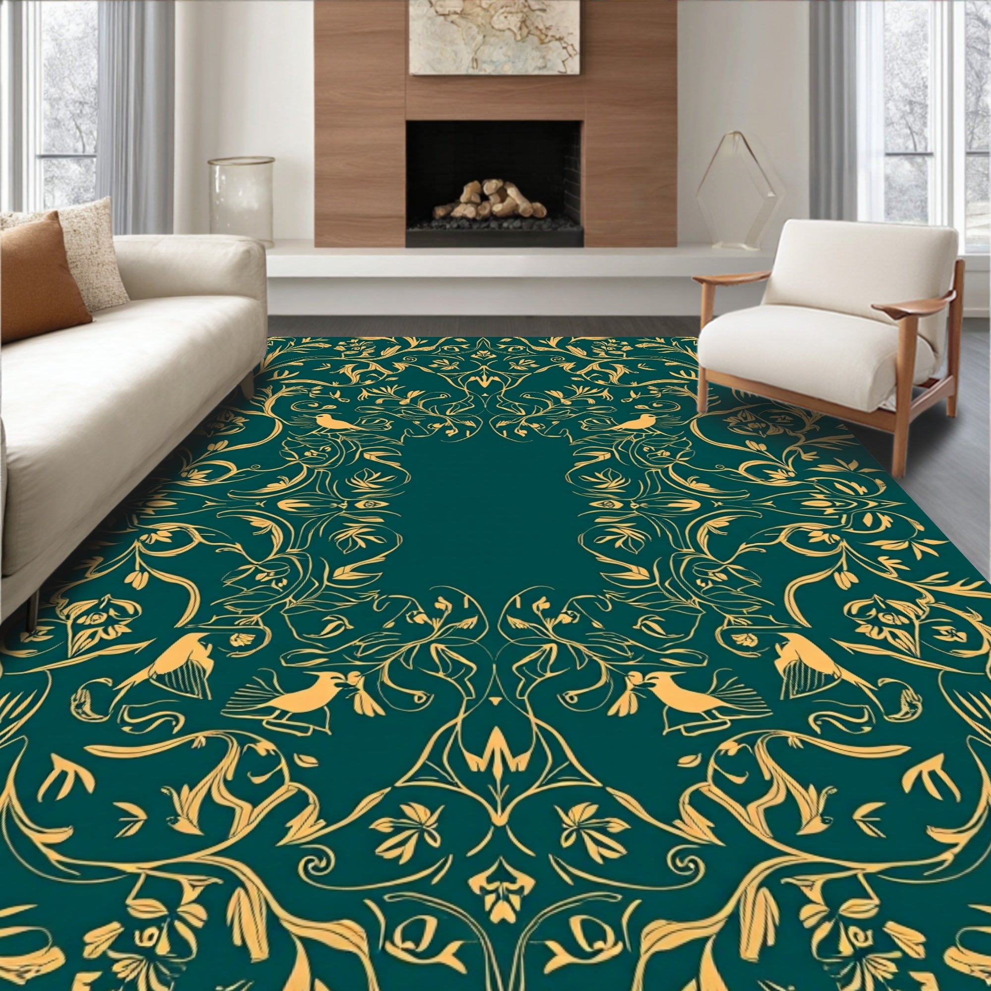 Ornate Floral Birds Silhouette Rug