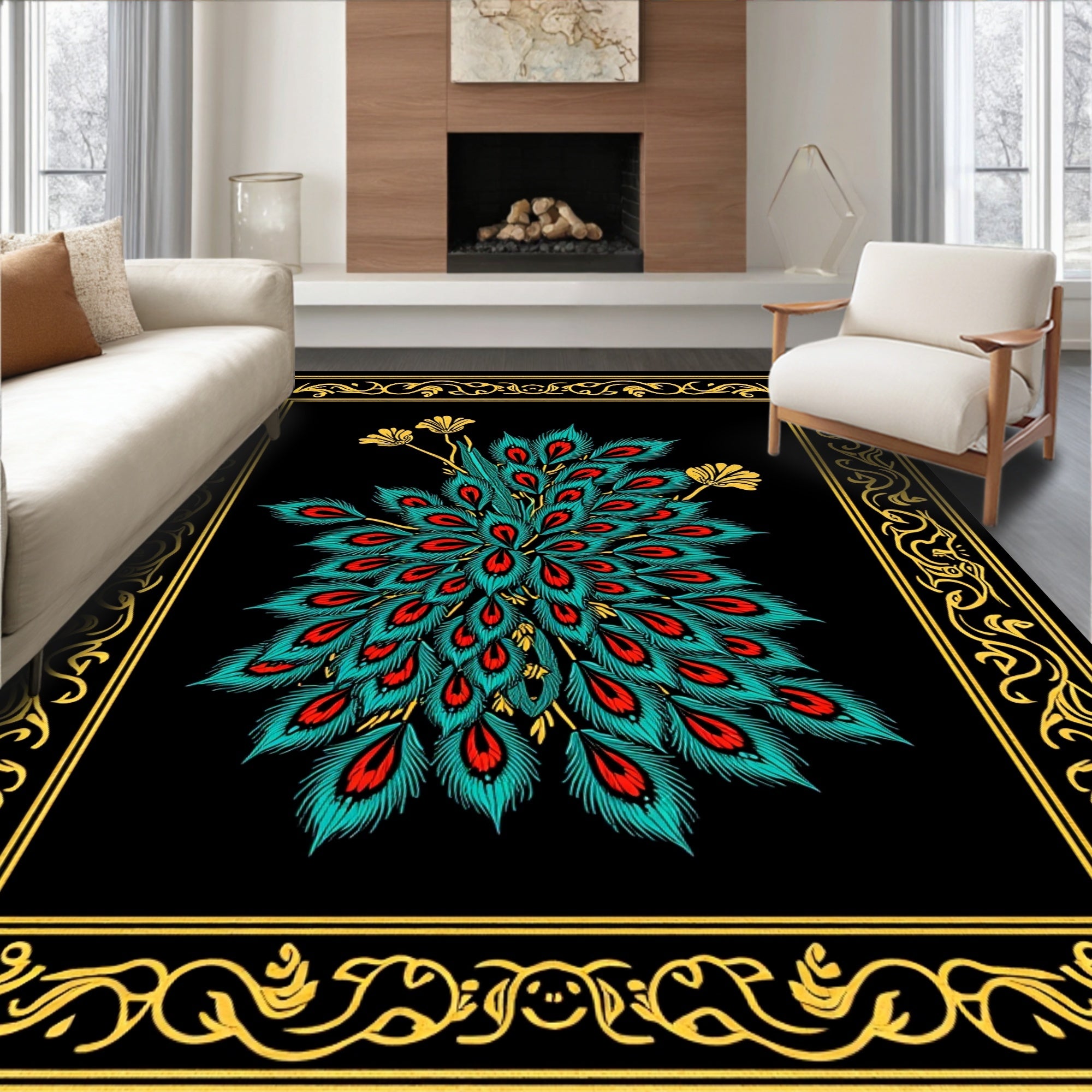 Ornate Peacock Feather Art Nouveau Rug