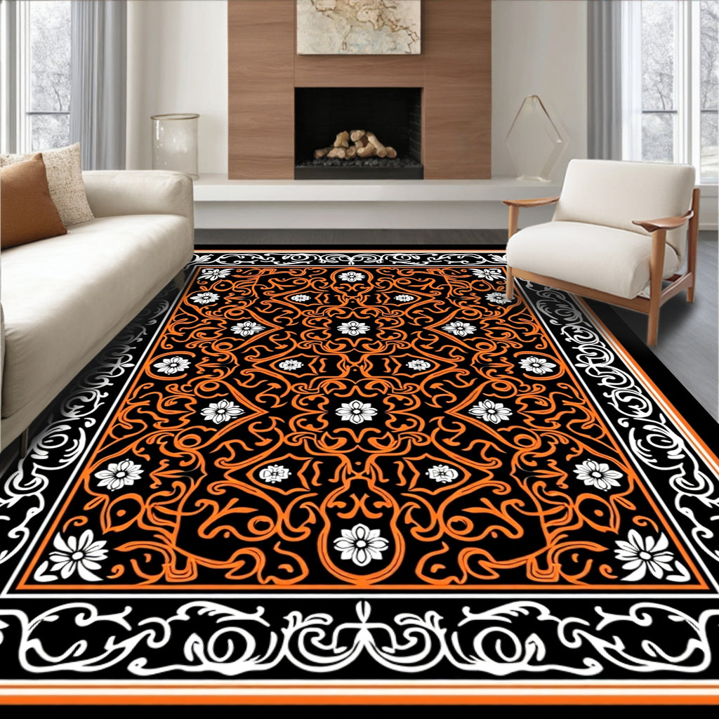 Vibrant Orange White Scroll Floral Design Rug