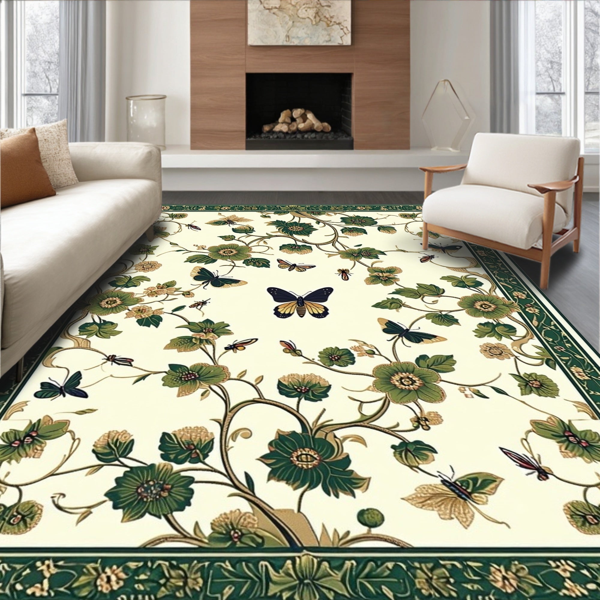 Green Floral Butterfly Garden Design Rug