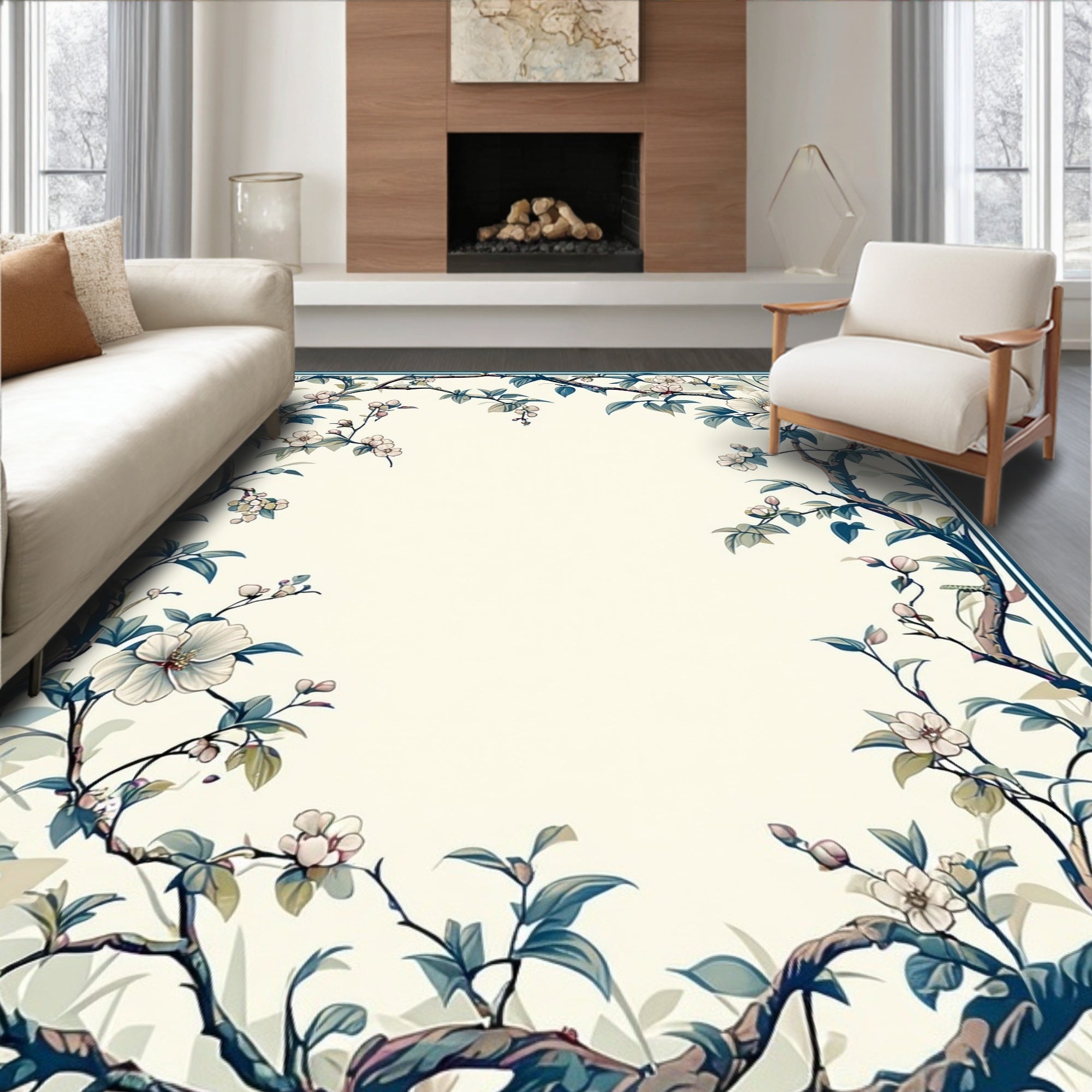 Vintage Branch and Blossom Scroll Border Rug