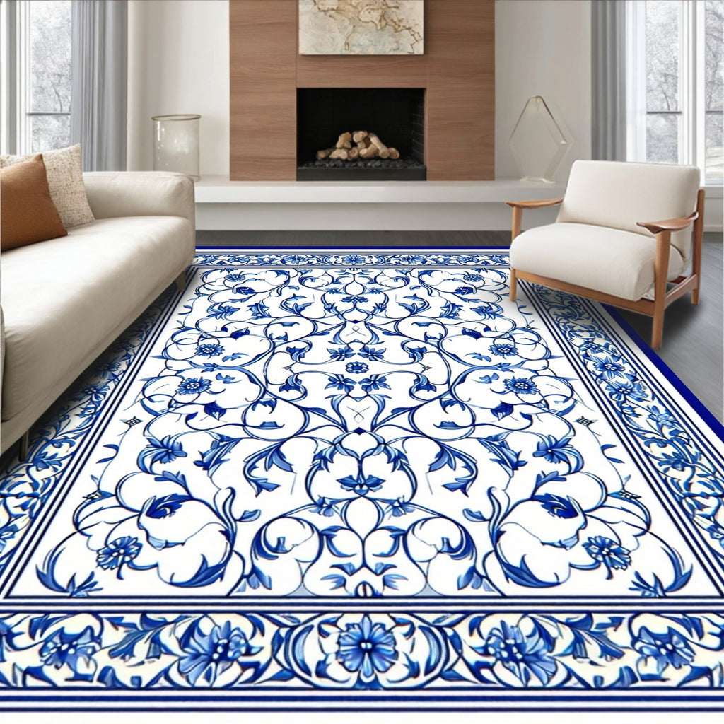 Ornate Blue Floral Scrollwork Pattern Rug