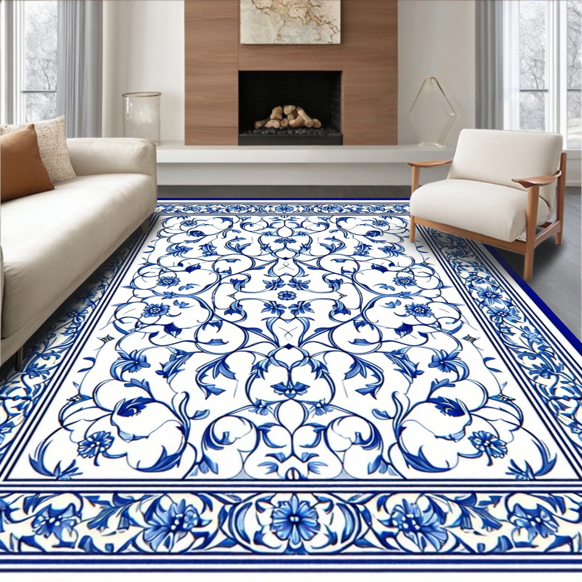 Ornate Blue Floral Scrollwork Pattern Rug