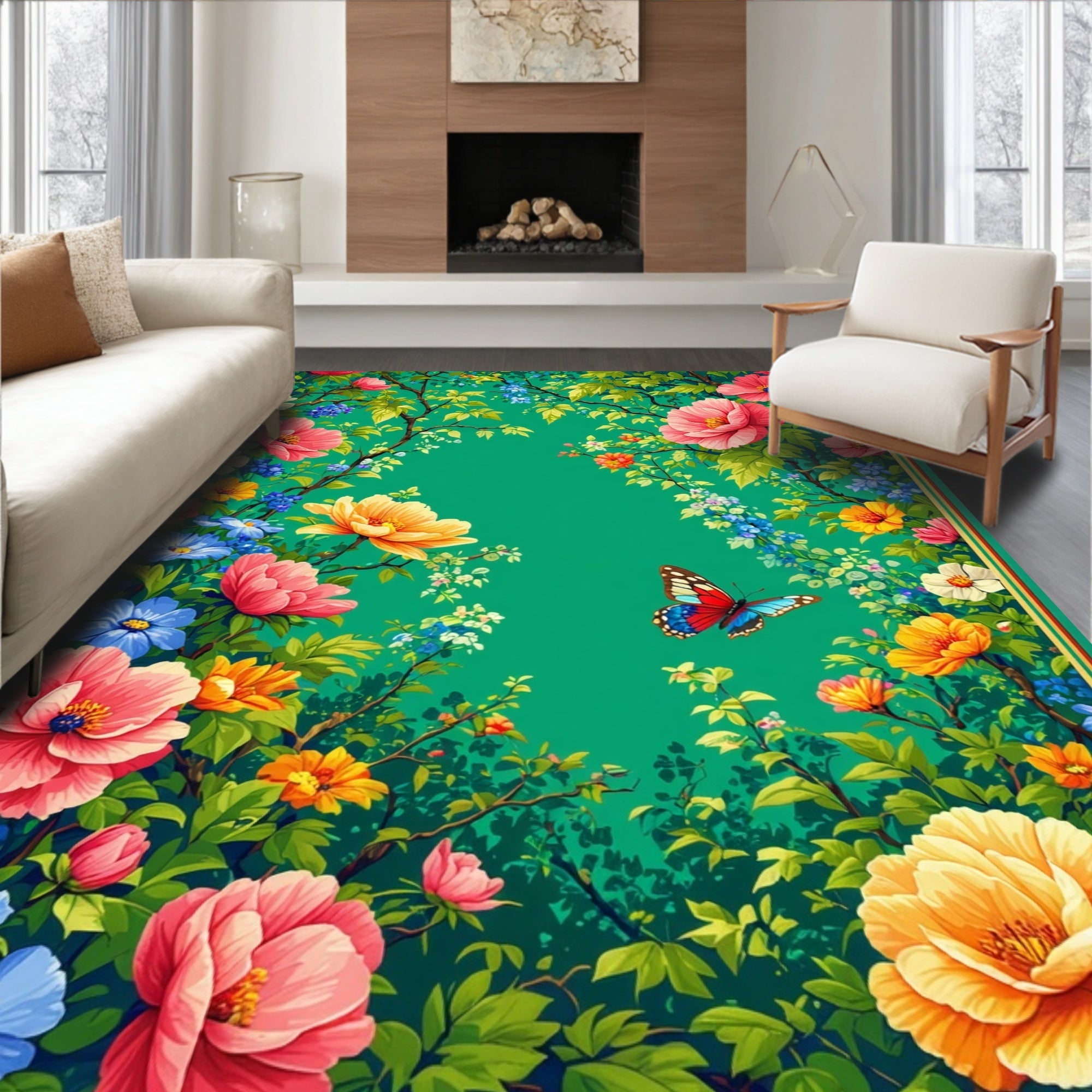 Vibrant Floral Butterfly Garden Design Rug