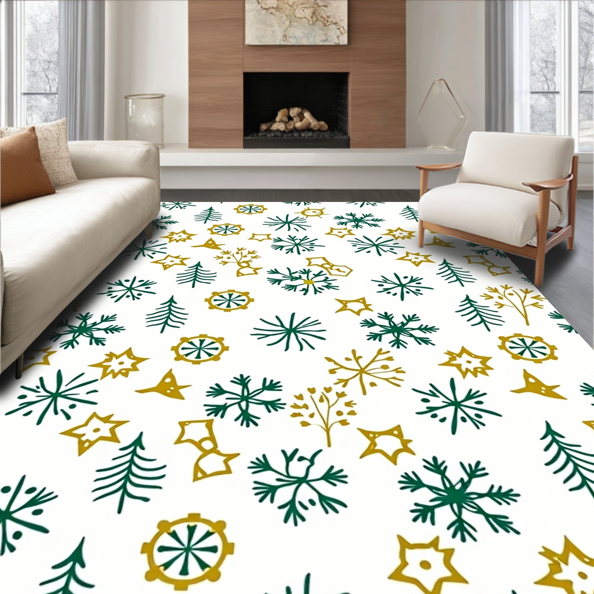 Green Gold Winter Woodland Collage Rug