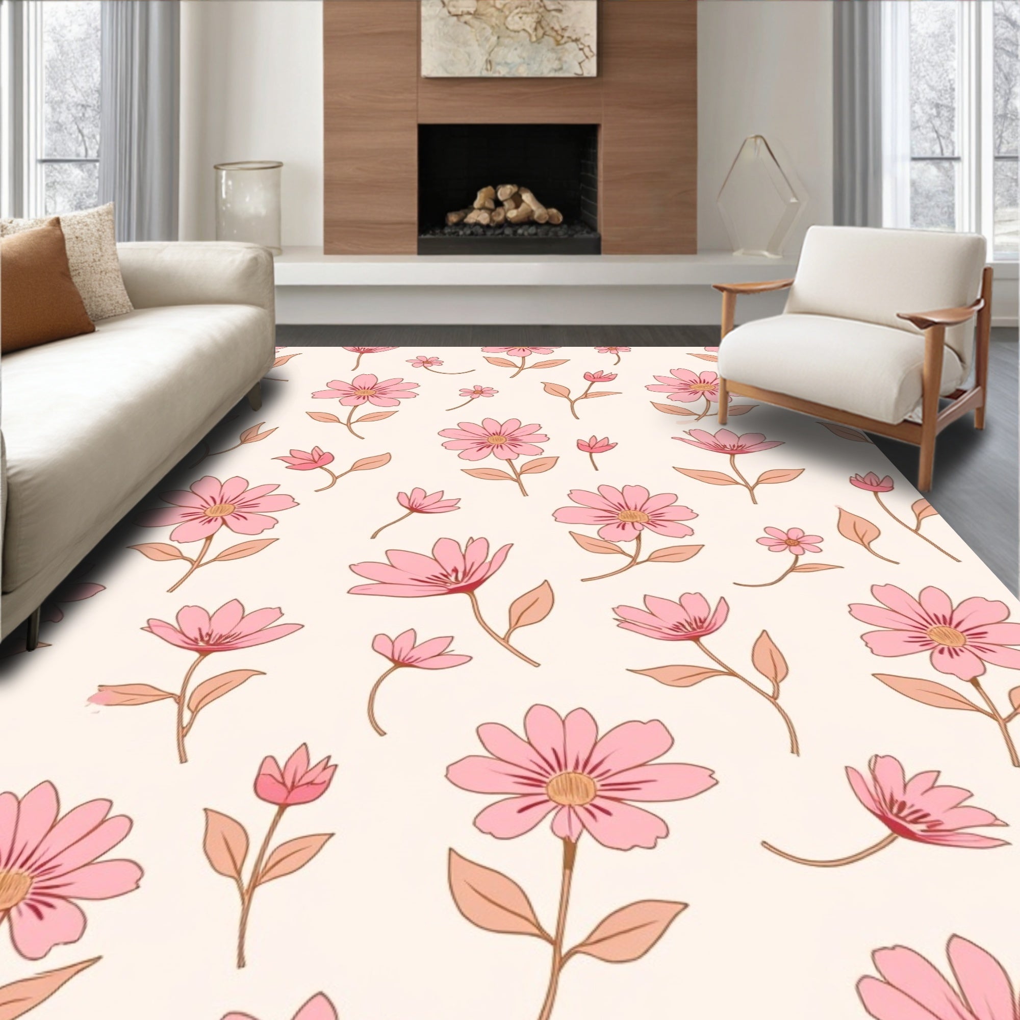 Retro Pink Daisy Floral Pattern Rug