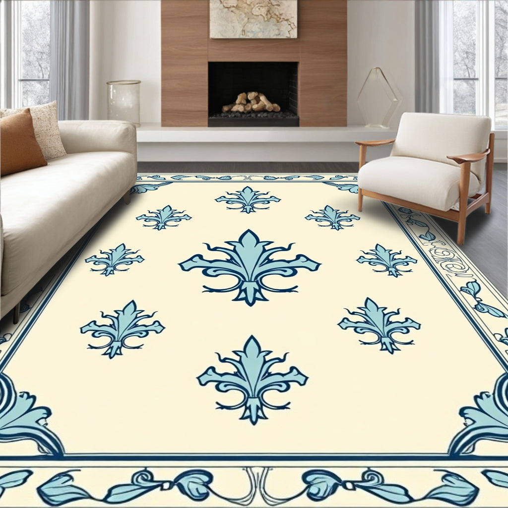 Ornate Blue Fleur-de-lis Pattern Rug