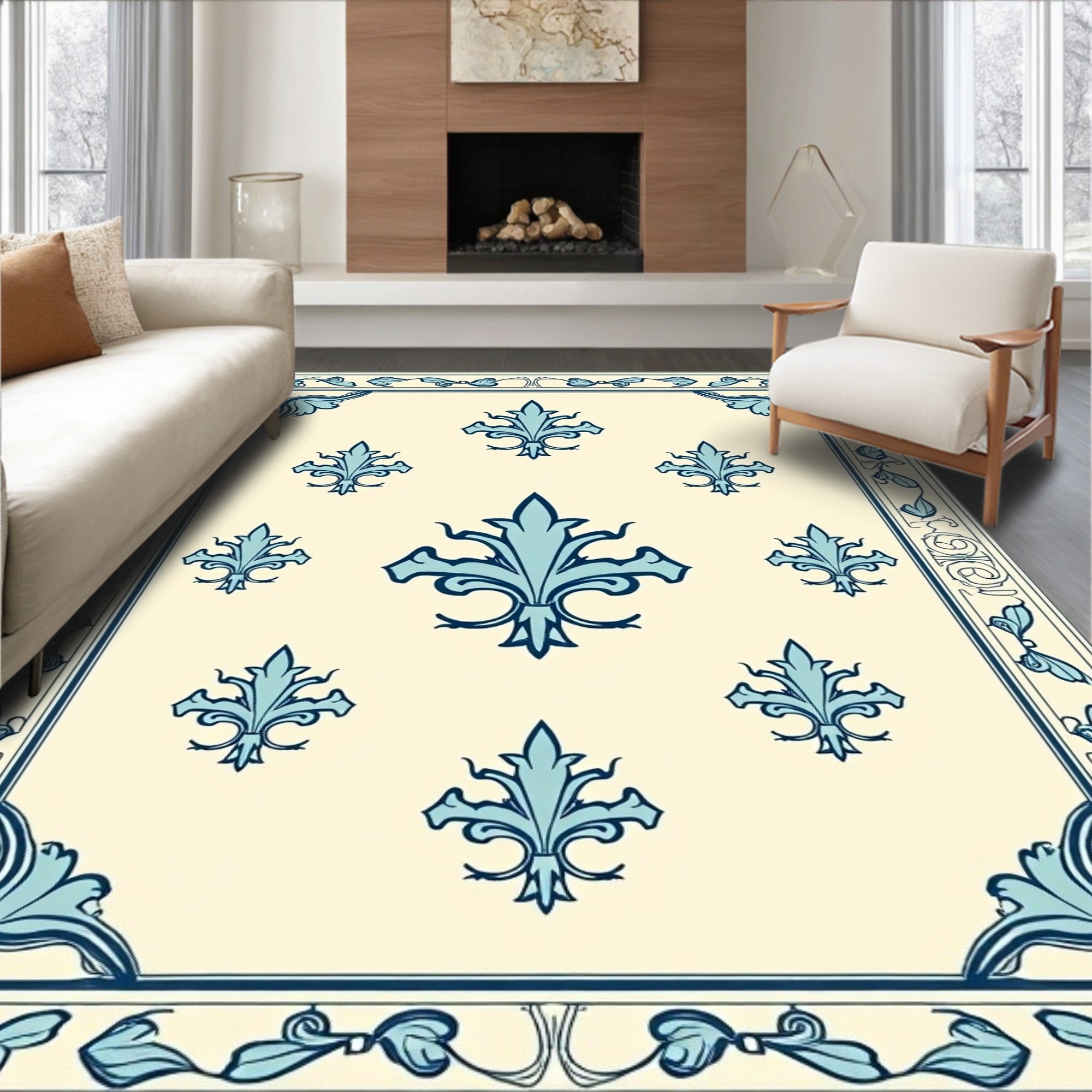Ornate Blue Fleur-de-lis Pattern Rug