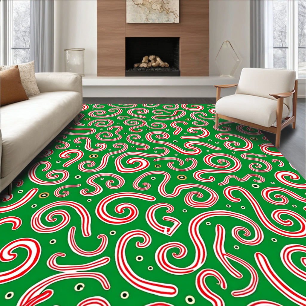 Whimsical Red Swirl Candy Cane Green Rug