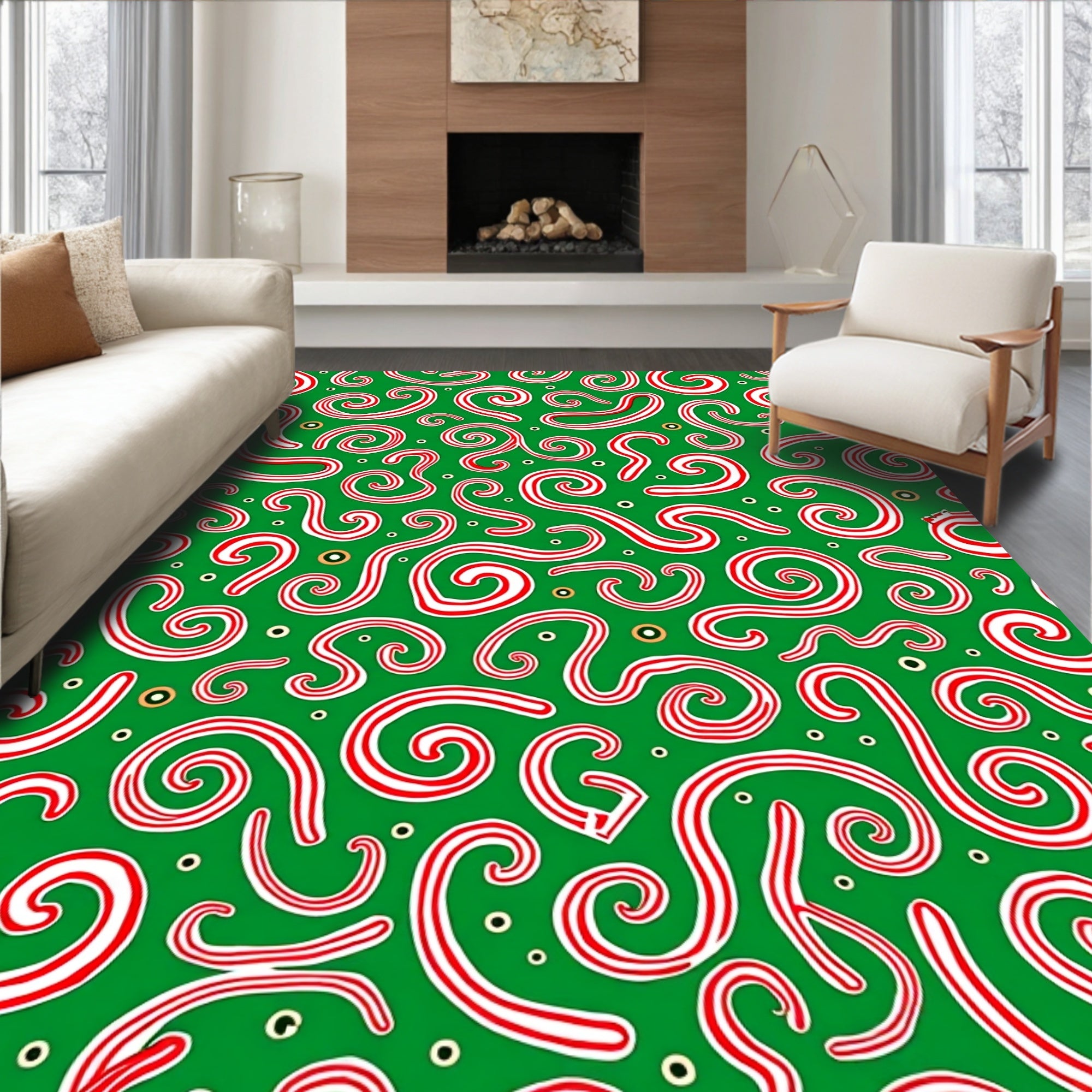 Whimsical Red Swirl Candy Cane Green Rug