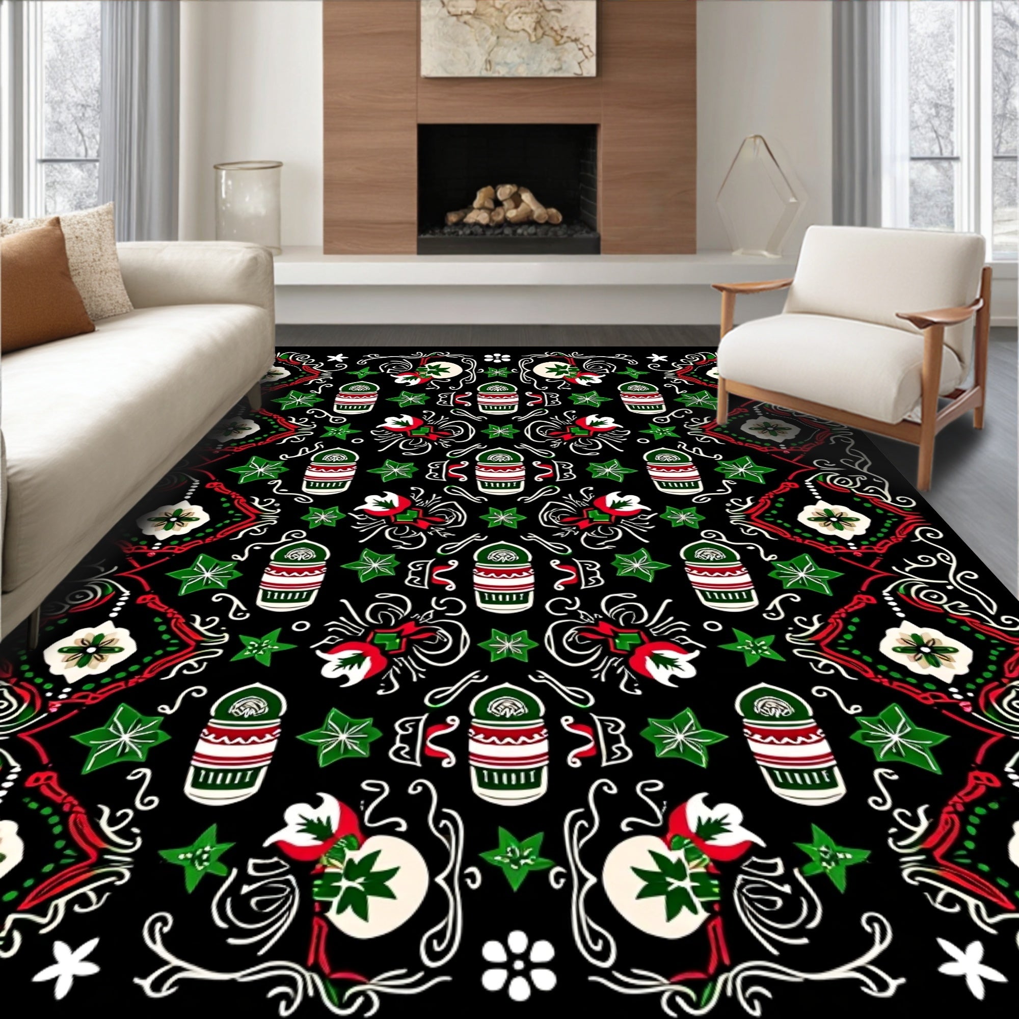 Red Green White Medallion Floral Arrangement Rug