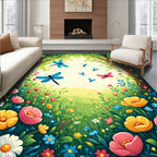 Whimsical Dragonflies Flower Meadow Design Rug