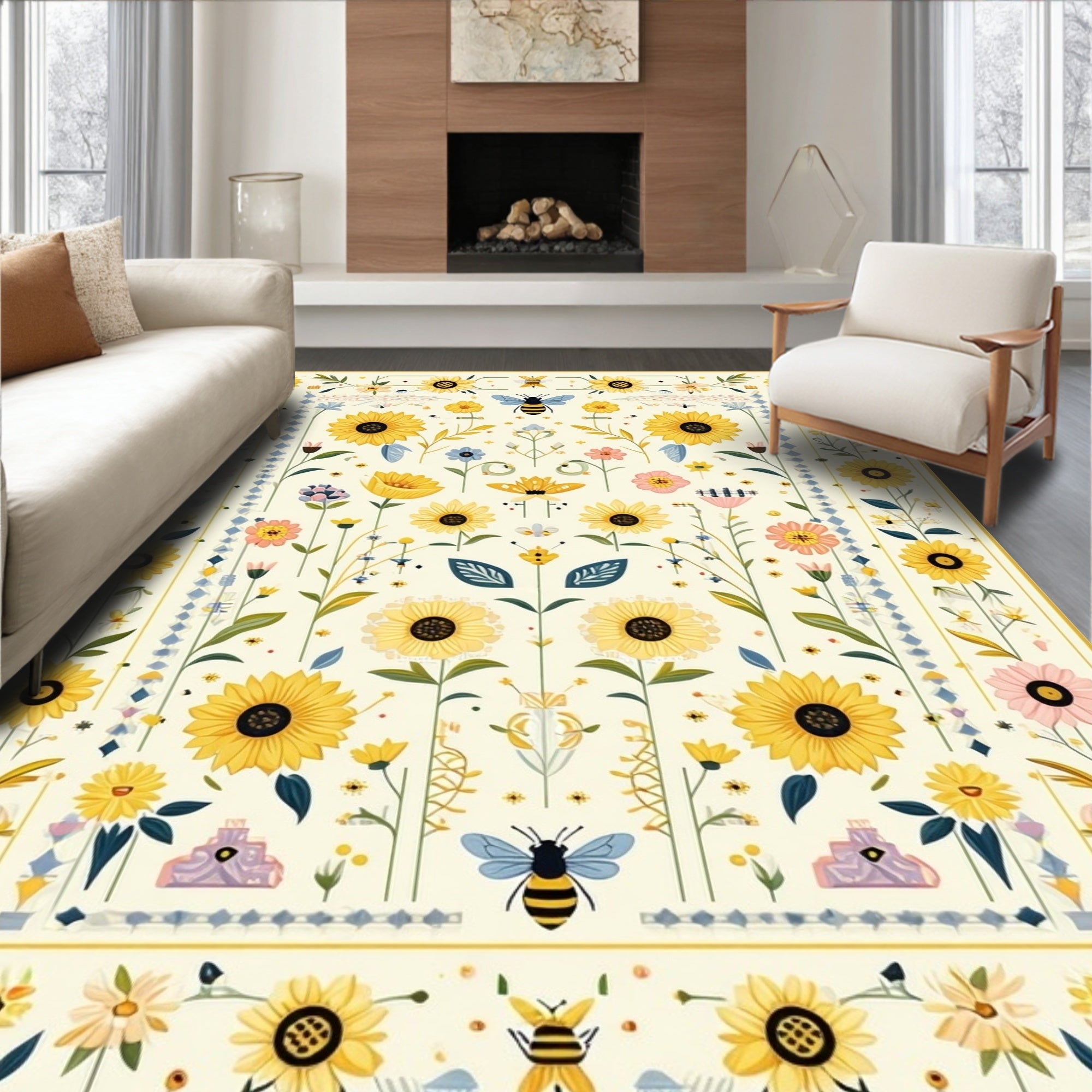 Sunflower Bumblebee Garden Whimsical Rug
