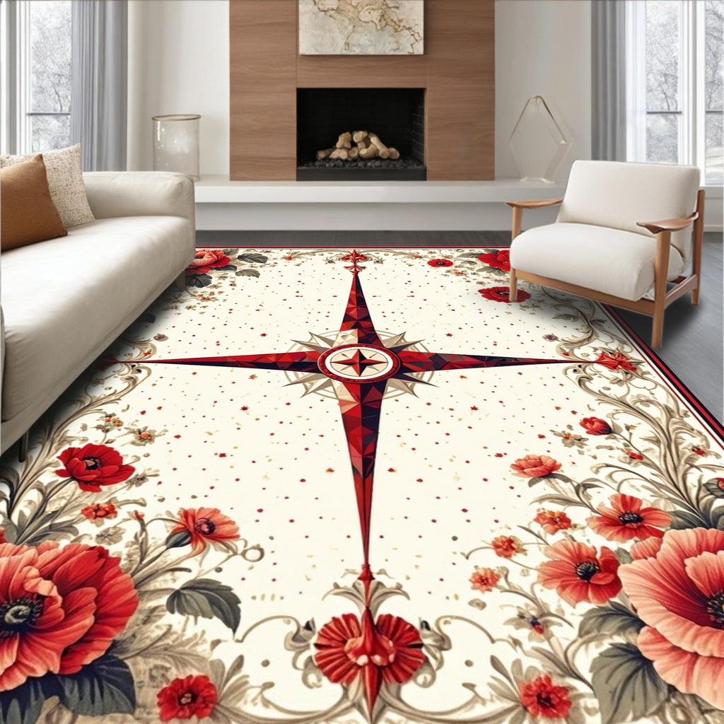 Bold Red Compass Floral Vintage Design Rug