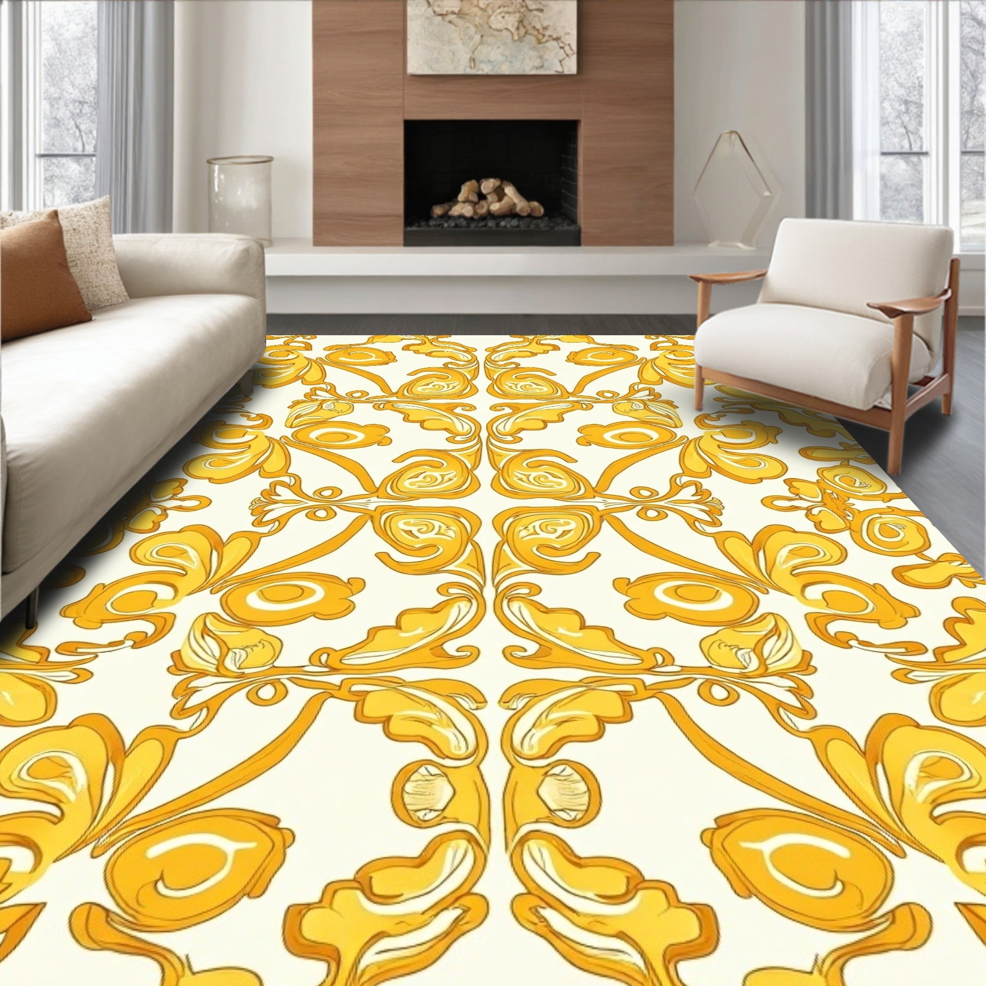 Regal Gold Swirl Floral Pattern Rug