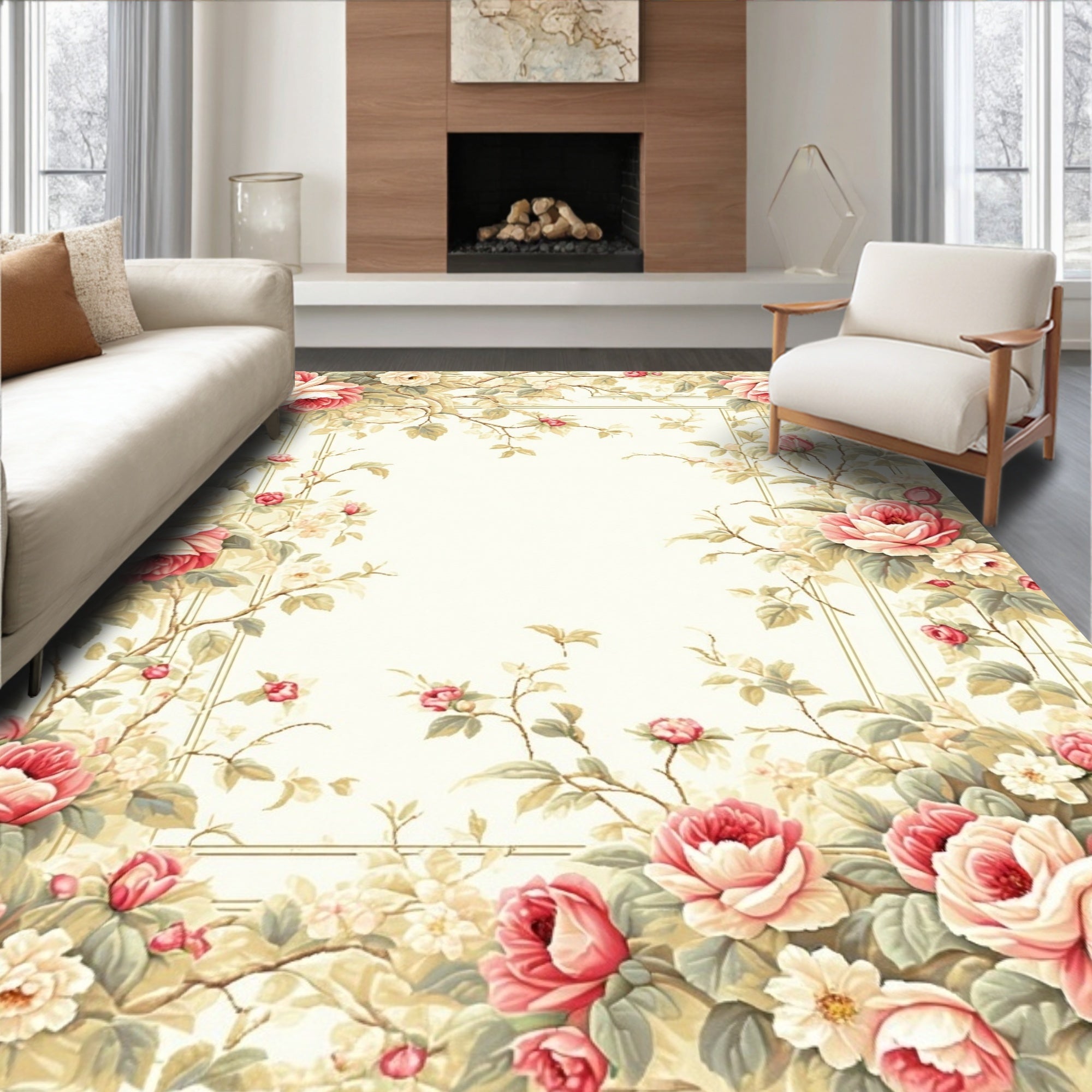 Vintage Floral Garden Border Design Rug