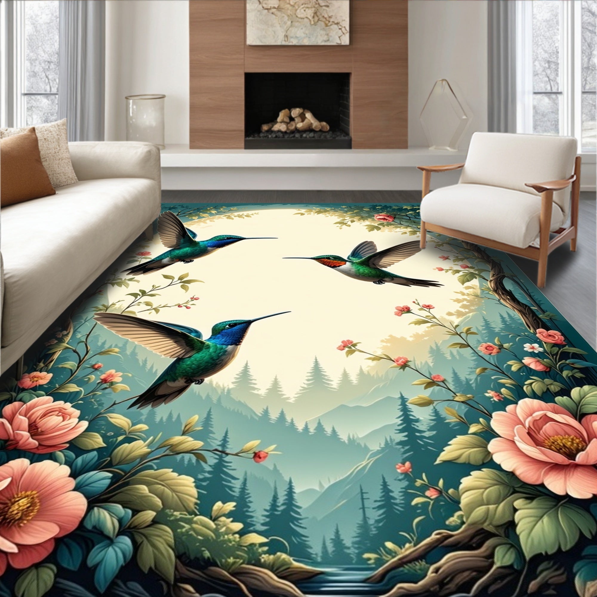 Hummingbirds Surrounded by Floral Landscape Rug