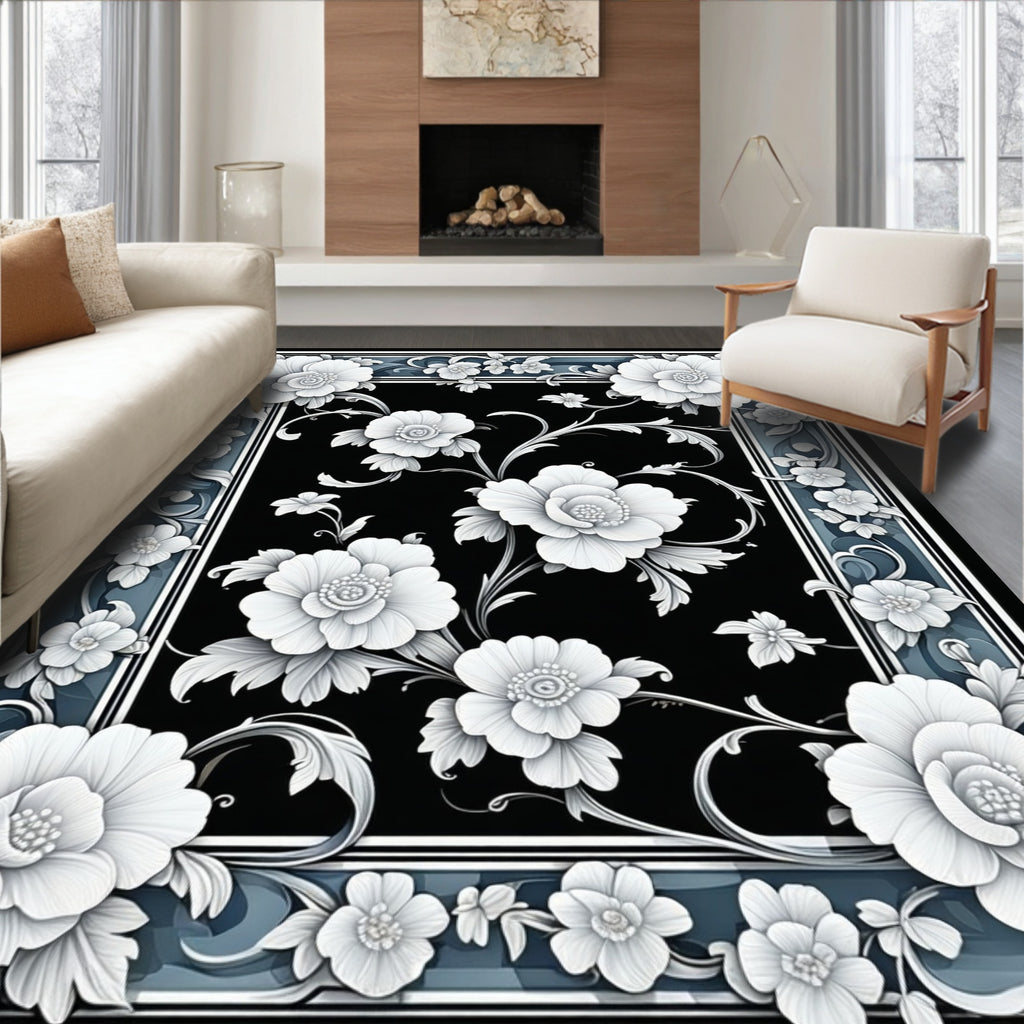 Ornate Floral Black Blue Border Rug