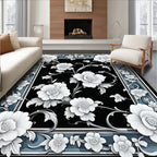 Ornate Floral Black Blue Border Rug