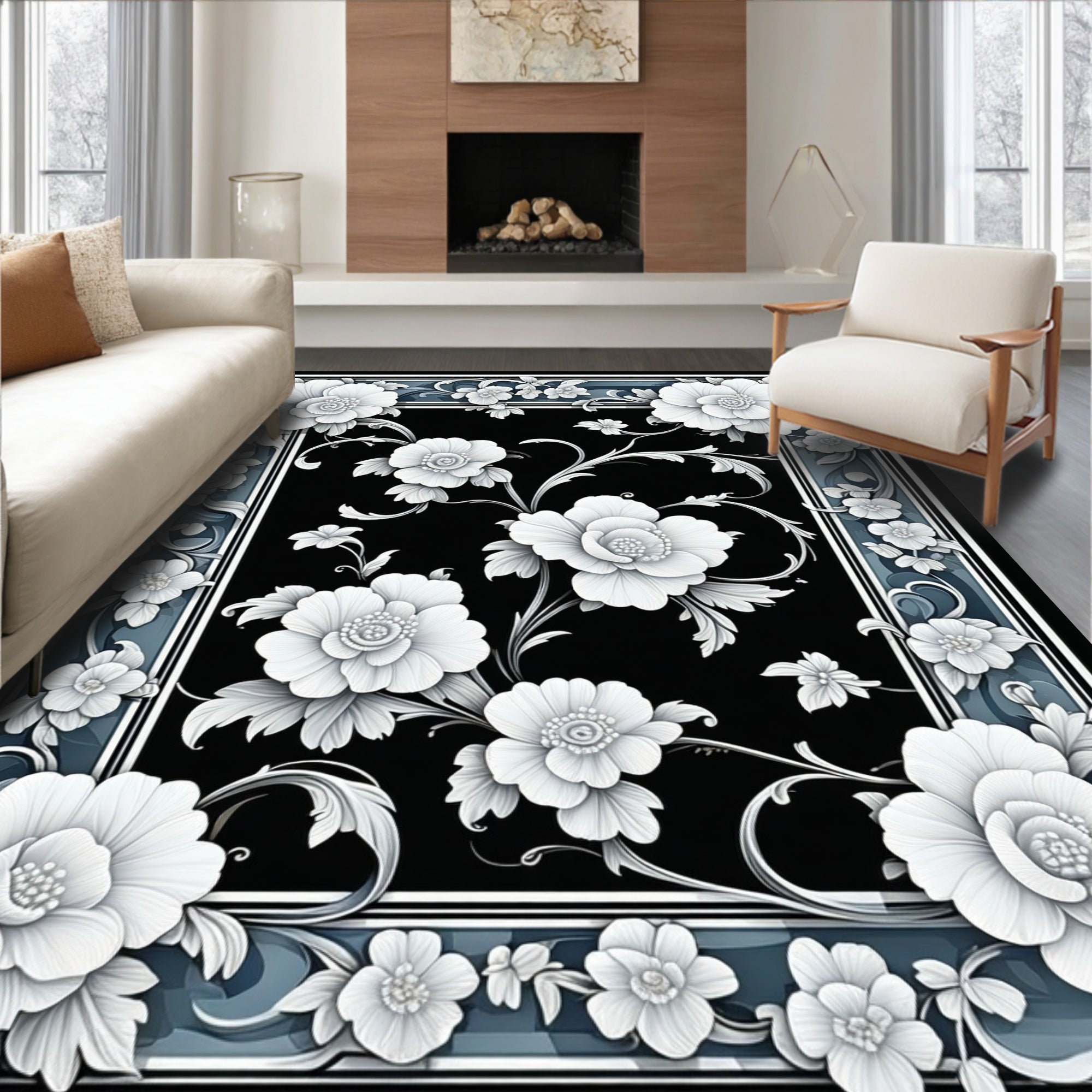 Ornate Floral Black Blue Border Rug