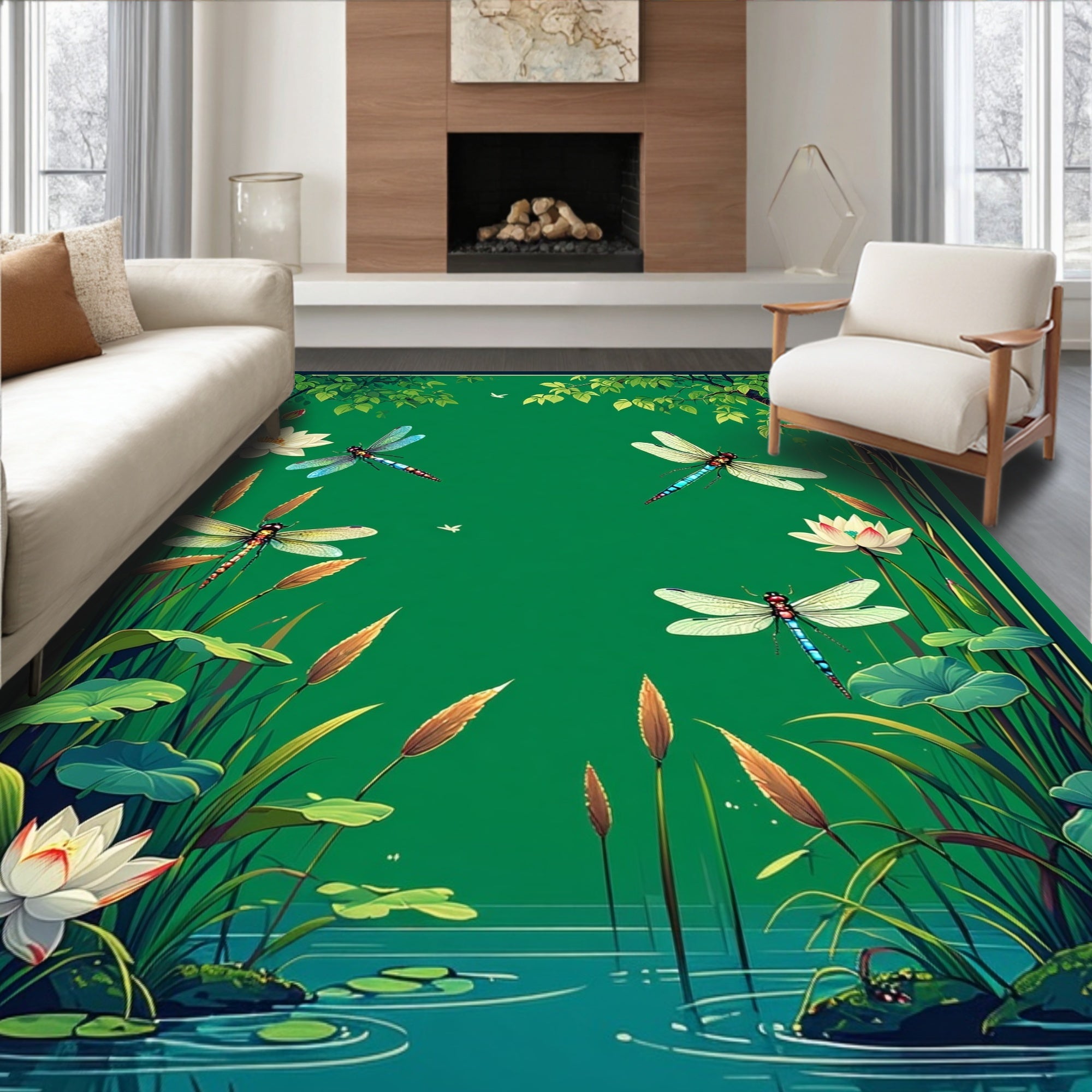 Dragonflies Water Lilies Pond Scene Rug