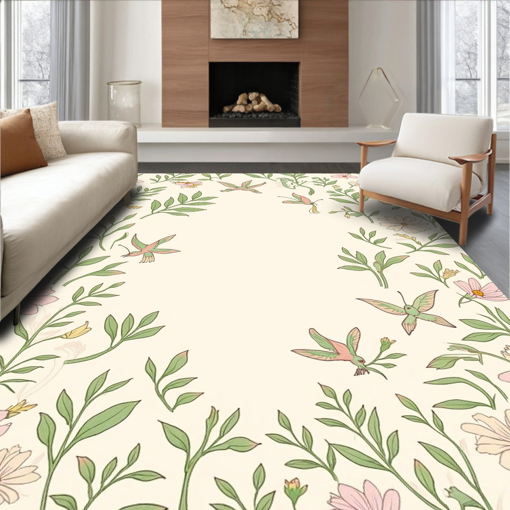 Floral Hummingbird Botanical Pattern Rug