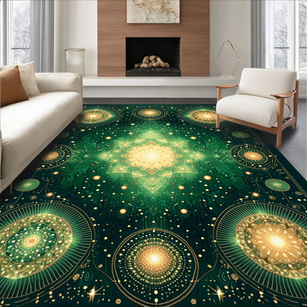 Emerald and Gold Celestial Mandala Rug