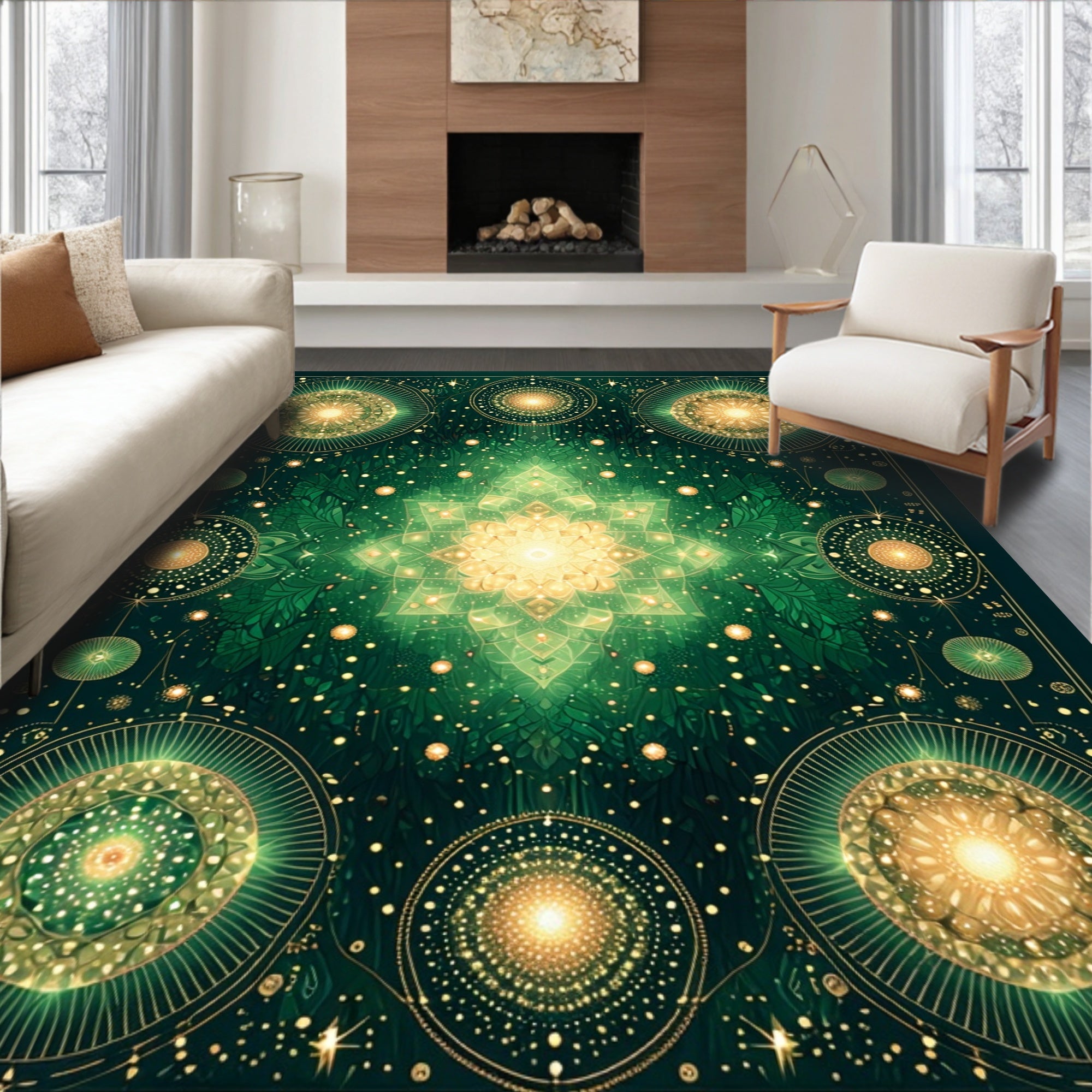 Emerald and Gold Celestial Mandala Rug