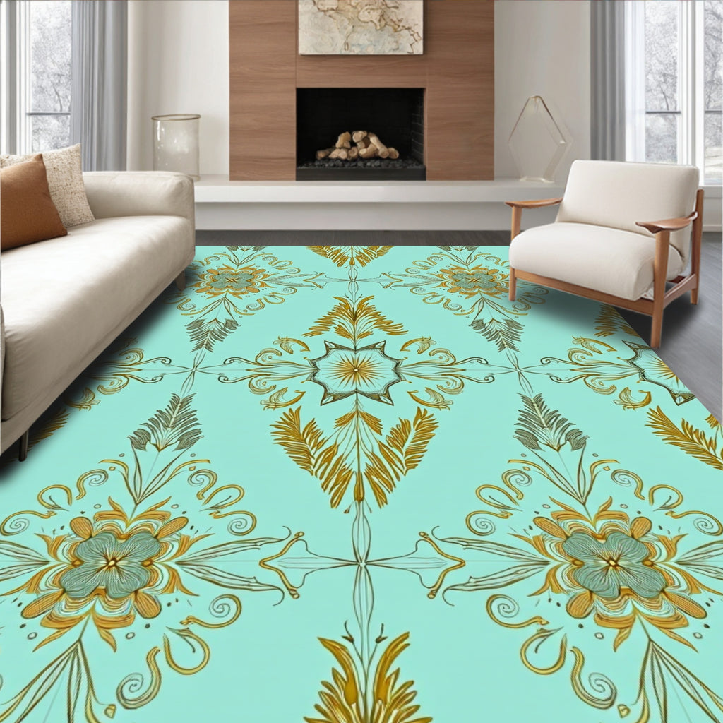 Intricate Gold Floral Damask Pattern Rug