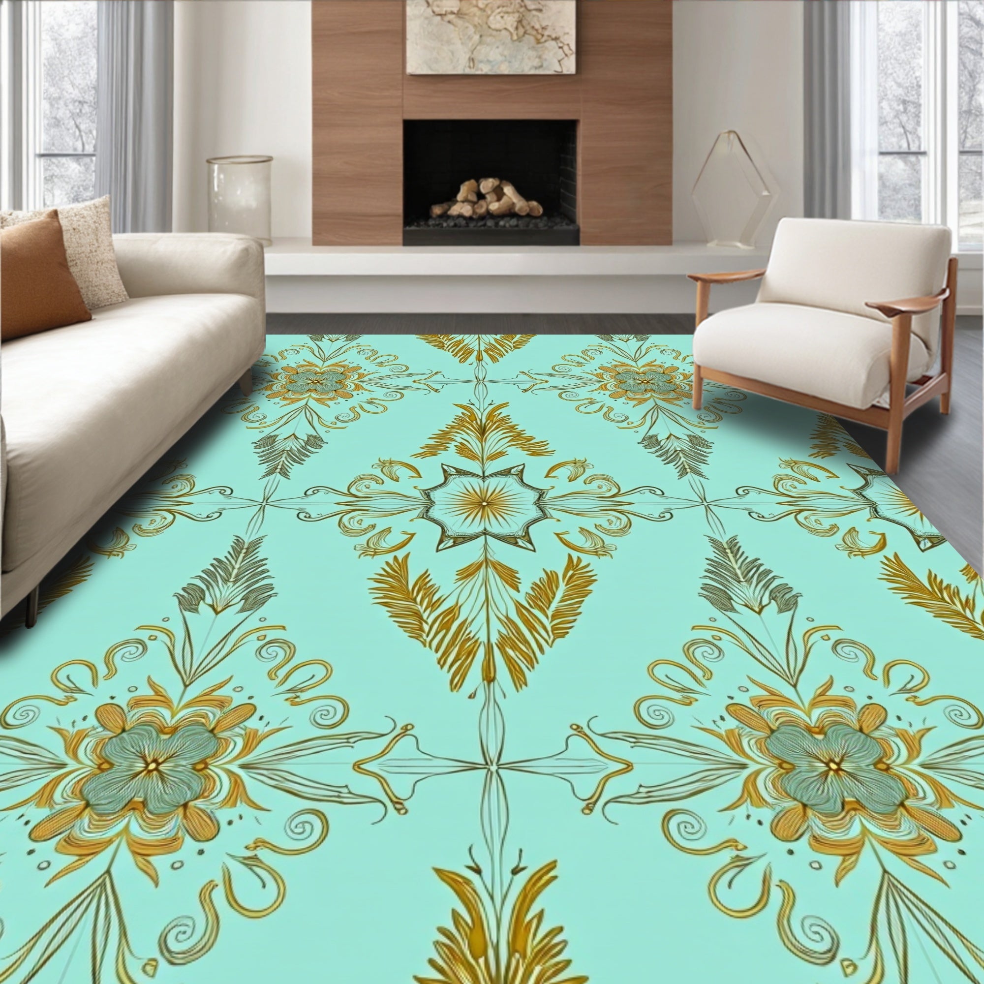 Intricate Gold Floral Damask Pattern Rug