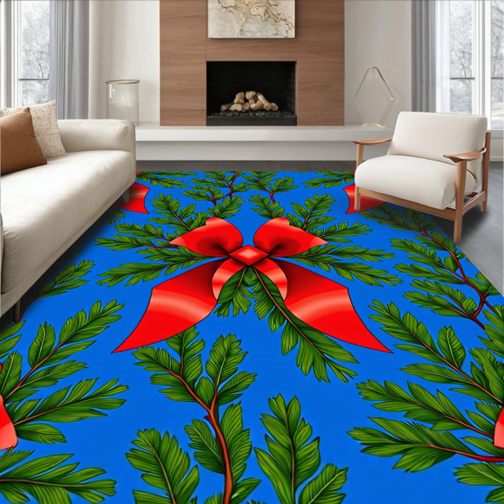Vibrant Red Bow Festive Greenery Rug