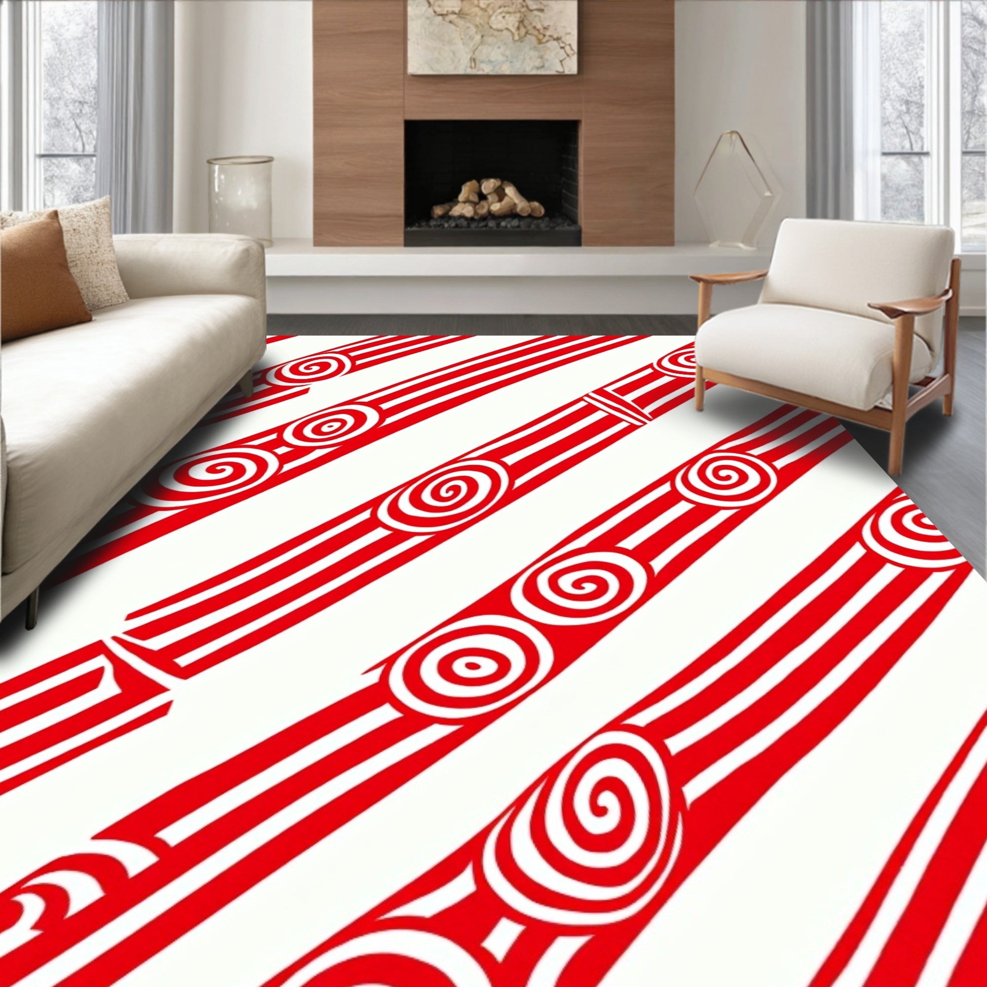 Red White Swirl Stripe Arrangement Rug