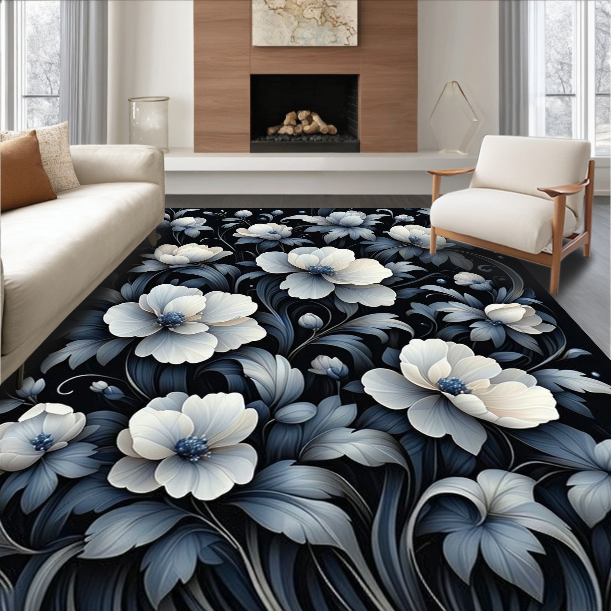 Dark Floral Elegance Print Rug