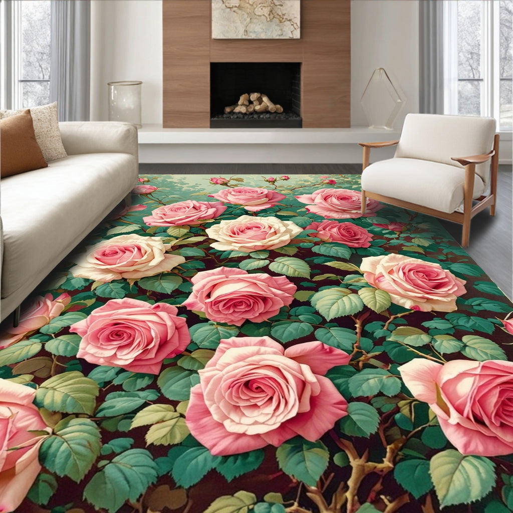 Pink Roses Botanical Garden Design Rug