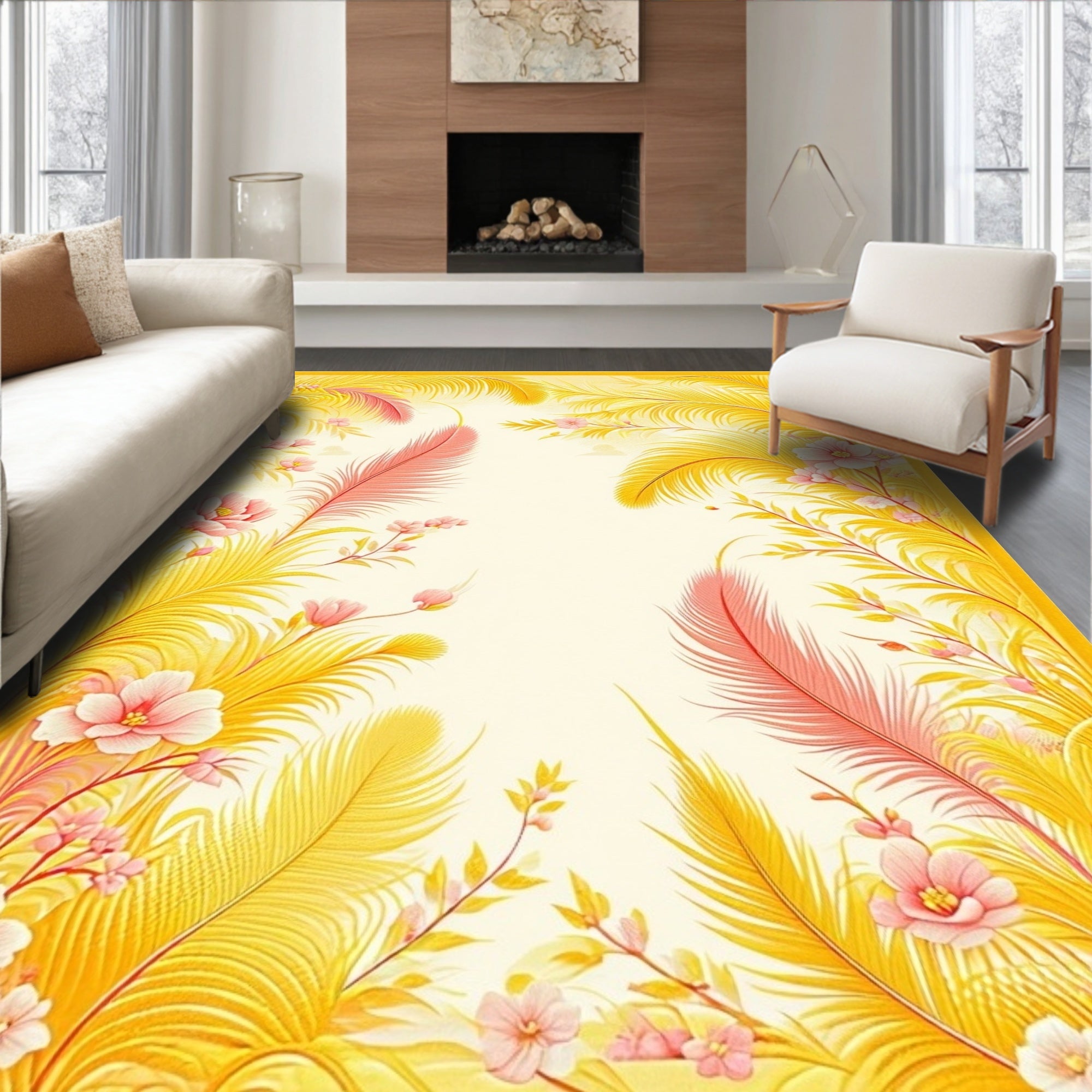 Golden Feather and Floral Design Rug
