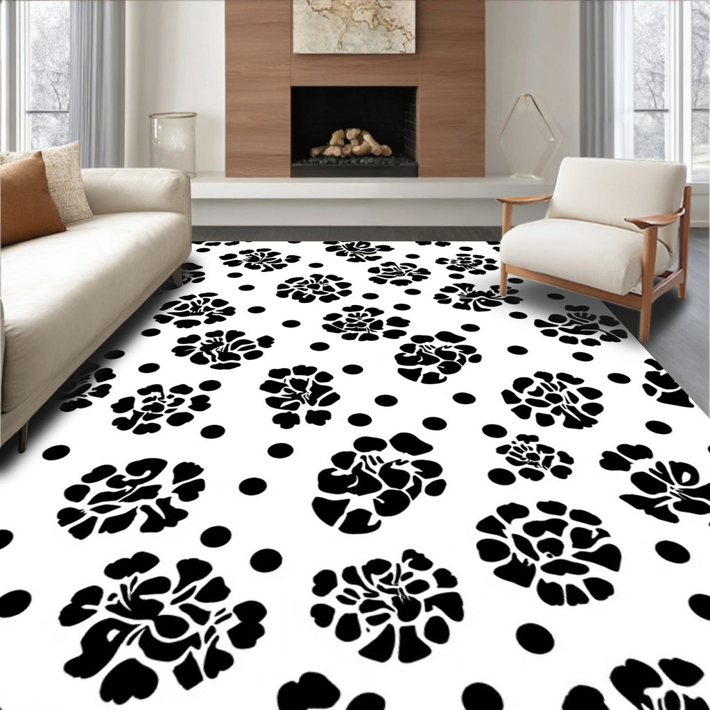 Striking Black White Floral Polka Dot Rug
